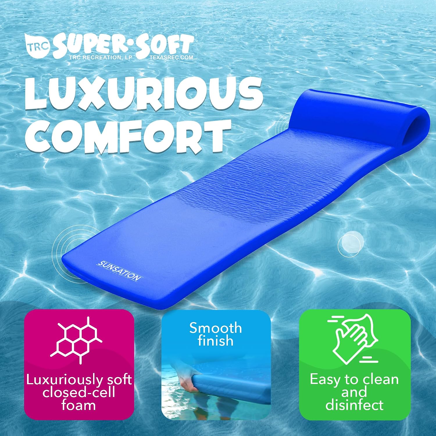 TRC Recreation Sunsation Thick Foam Pool Float Lounger w/Headrest for Lounging & Sunbathing in Swimming Pools, Beaches & Lakes