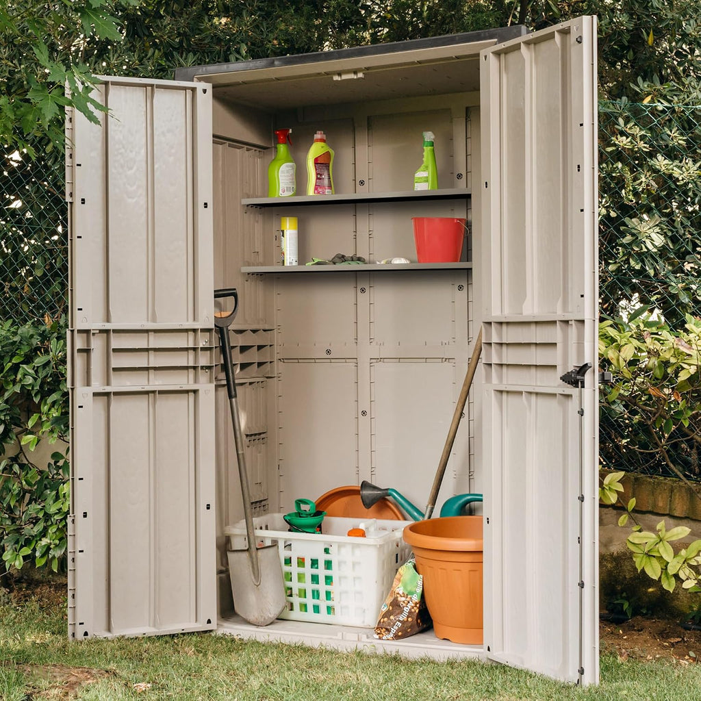 Toomax High Stora Way Outdoor Tool Box Made of Recycled Polypropylene with Wood Effect, 1670L, Item 091, Taupe/Anthracite