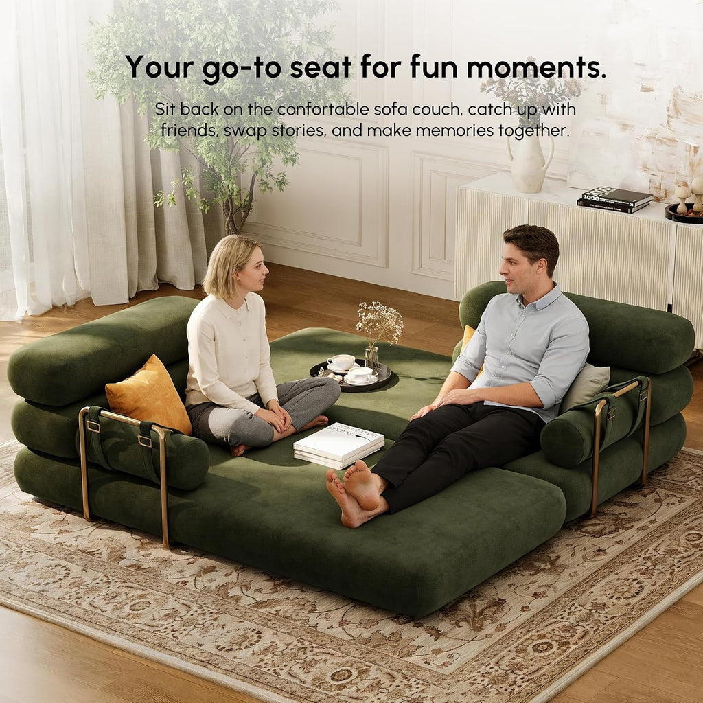 homary Velvet Futon Sofa Bed 81' 3-Seater Convertible Couch with Detachable Pillows, Stainless Steel Legs, Modern Sleeper Sofa for Living Room & Apartment (Evergreen)
