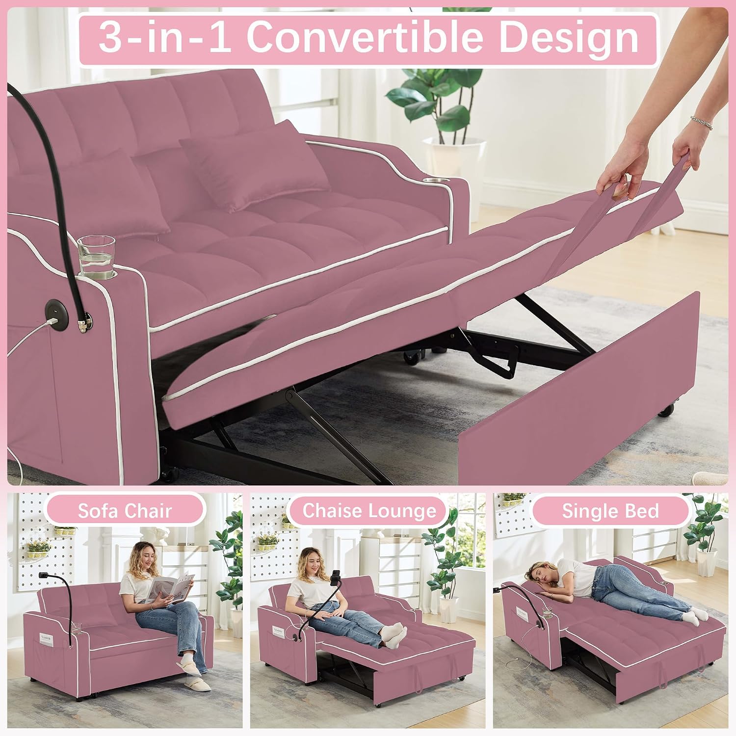 Loveseat Sofa Bed with USB Ports, Phone Holder & Cup Holders | Convertible Futon Couch for Small Spaces, Pull-Out Sleeper Sofa for Living Room & Apartments (Pink)