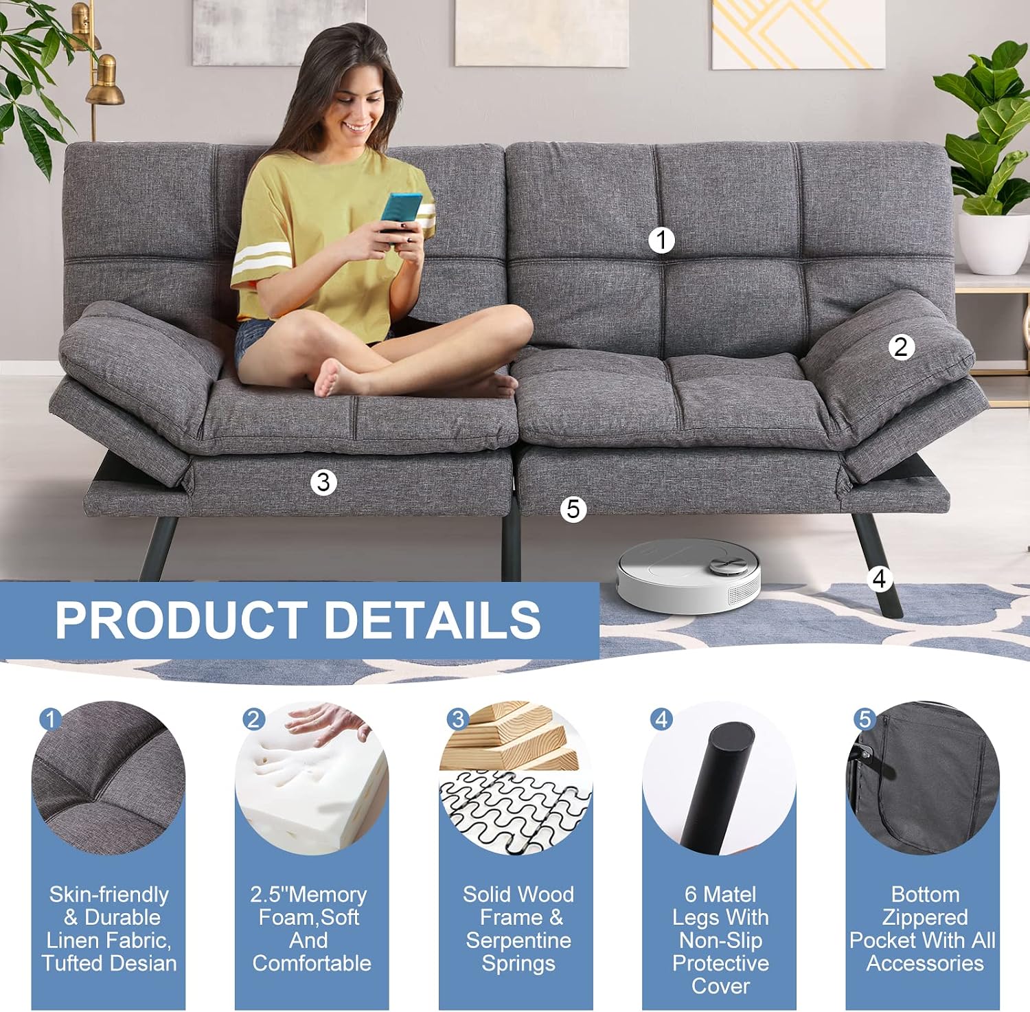 MUUEGM Futon Sofa Bed Convertible Futon Couch Sleeper,Memory Foam Modern Love seat,Small Splitback Sofa with Adjustable Armrests Backrests for Living Room,Compact Space,Office,Apartment,Dorm,71',Grey