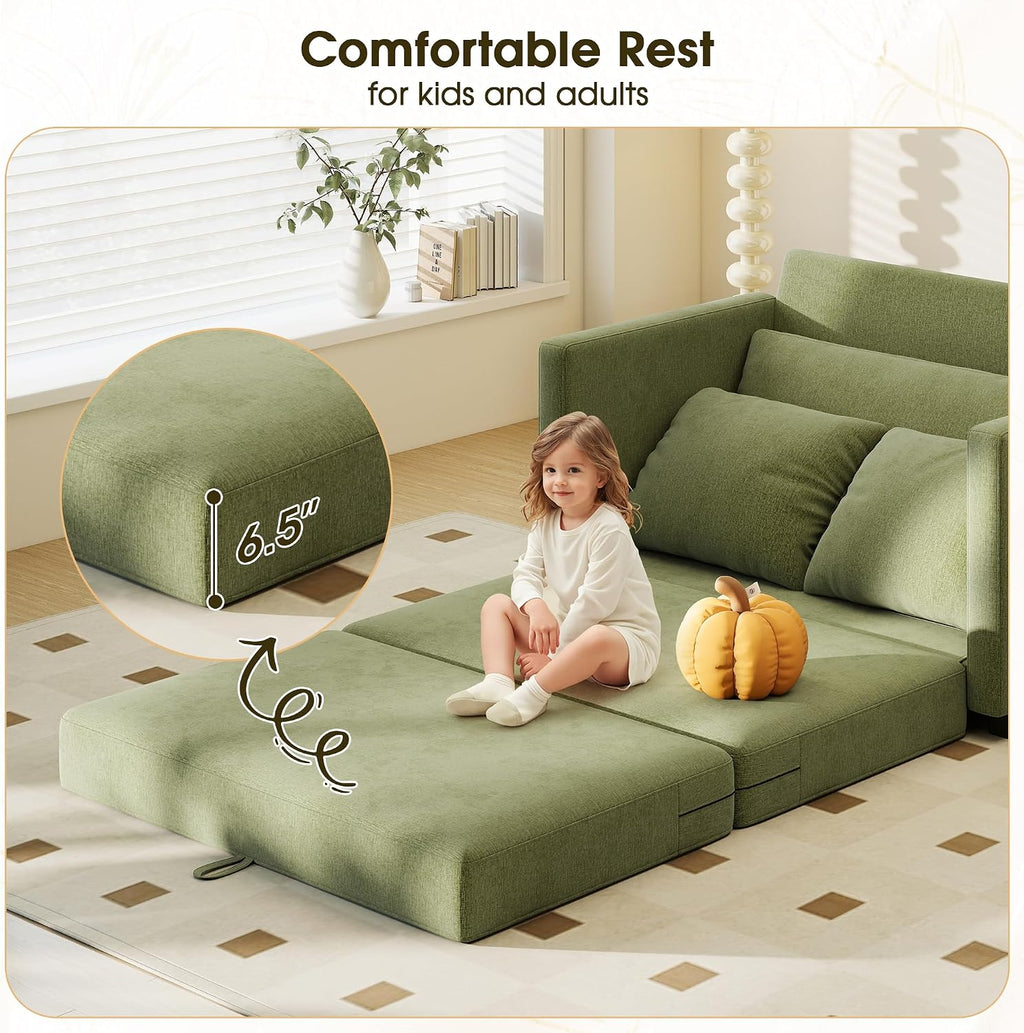51' Convertible Loveseat Sofa Bed, 2 in1 Folding Sofa Bed, Loveseat Sleeper Sofa for Small Spaces, Fold Out Floor Couch with 2 Pillows for Apartment, Living Room & Guest Room, Green Chenille Fabric