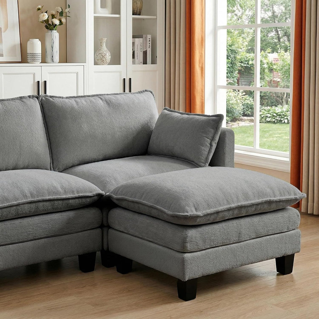 Eafurn Modular Sectional Sofa with Movable Ottomans for Living Room, 4 Seater Convertible U Shaped Sectional Couch Modern Reversible Chenille Sofa Set w/USB Ports and Side Pockets