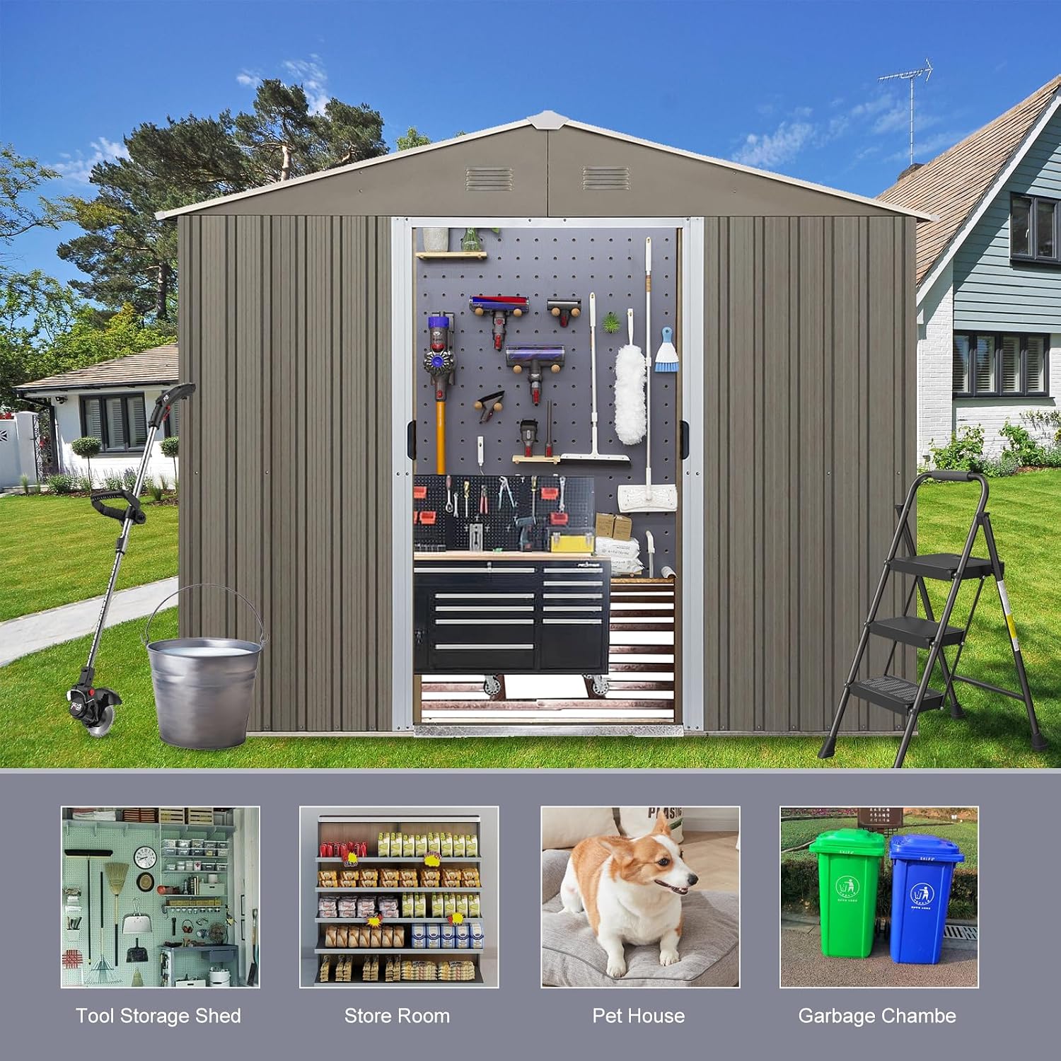 10 x 8 FT Outdoor Storage Shed, Metal Garden Shed with Floor Frame, Large Tool Shed Outdoor Storage with Lockable Sliding Doors & Air Vents, Storage House Waterproof for Backyard, Lawn, Gray