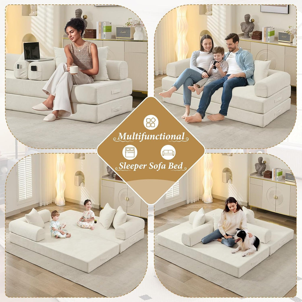 Futon Sofa Bed, Modular Convertible Folding 3 Seater Chenille Foam Floor Loveseat Sleeper Sofa Couch with 3 Pillows, No Assembly Compressed Boneless Couch, for Living Room Bedroom Guest Room, Beige