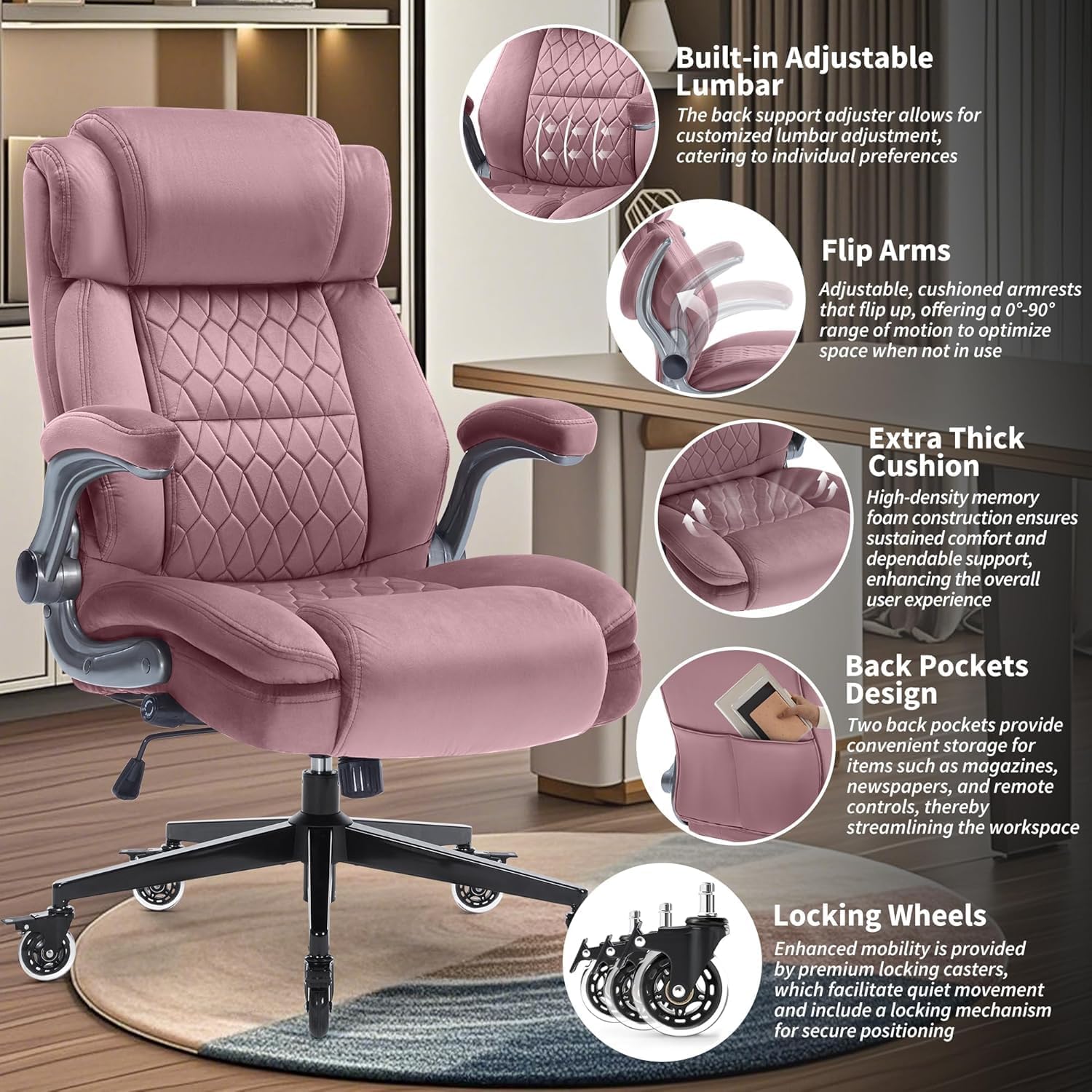 Office Chair with Locking Wheels, Ergonomic High Back Fabric Desk Chair with Adjustable Lumbar Support, Flip-Up Arms, Thick Padded Seat, 400lbs Heavy Duty for Home Office Adults