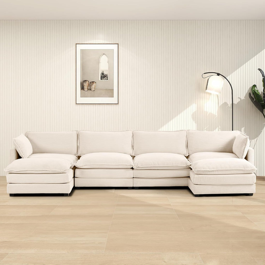 ROWHY 148'' Sectional Cloud Couch with 2 Ottomans, Oversized 4 Seat Sleeper Sofa with 2 Throw Pillows, Convertible Upholstered U Shaped Cozy Sofa Furniture Set for Living Room and Office, Beige