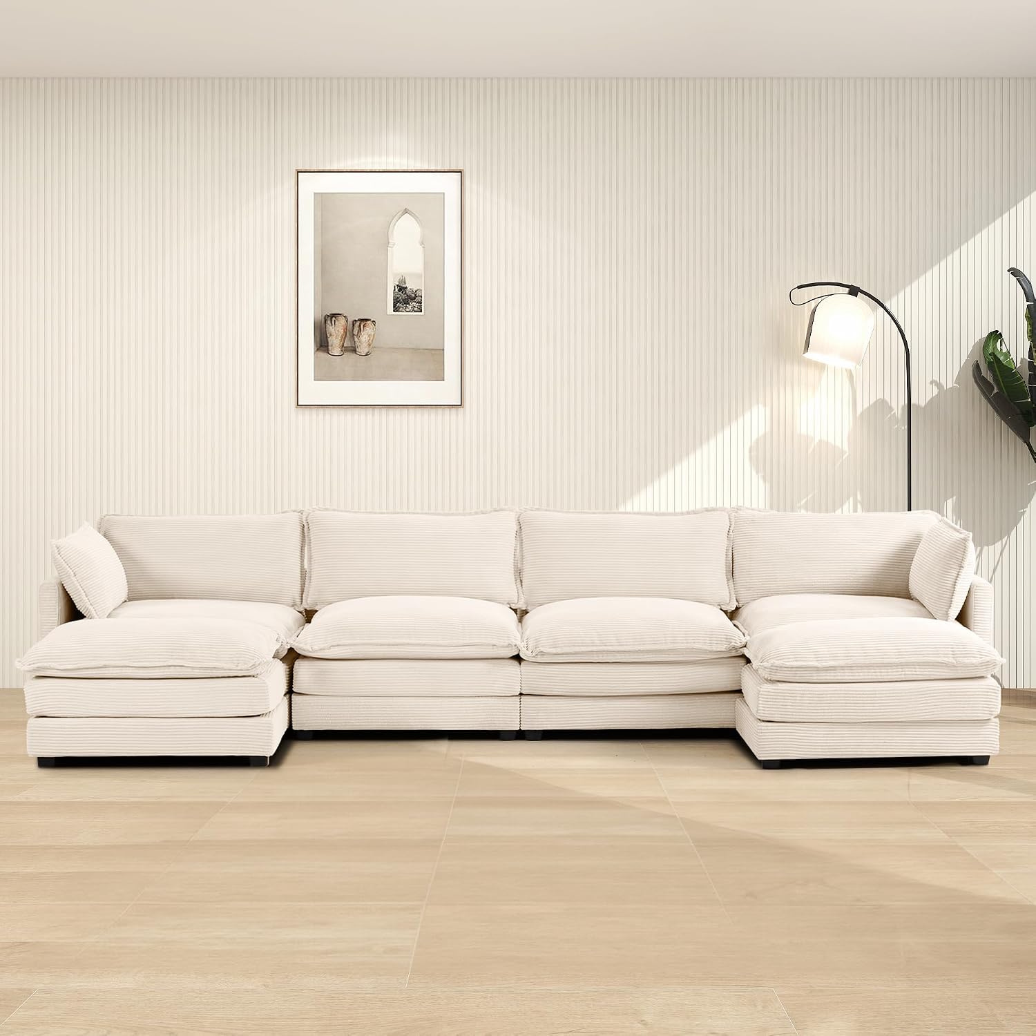 ROWHY 148'' Sectional Cloud Couch with 2 Ottomans, Oversized 4 Seat Sleeper Sofa with 2 Throw Pillows, Convertible Upholstered U Shaped Cozy Sofa Furniture Set for Living Room and Office, Beige