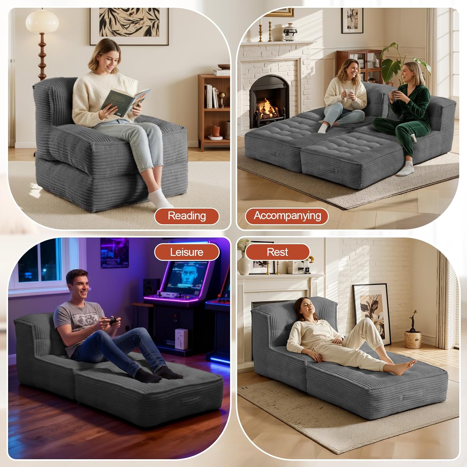 5-in-1 Convertible Folding Sofa Bed, Frameless Convertible Couch with Handles & Non-Slip Base, Premium Corduroy Floor Sofa with High-Density Shredded Foam for Living Room Apartment Dorm Home Theater