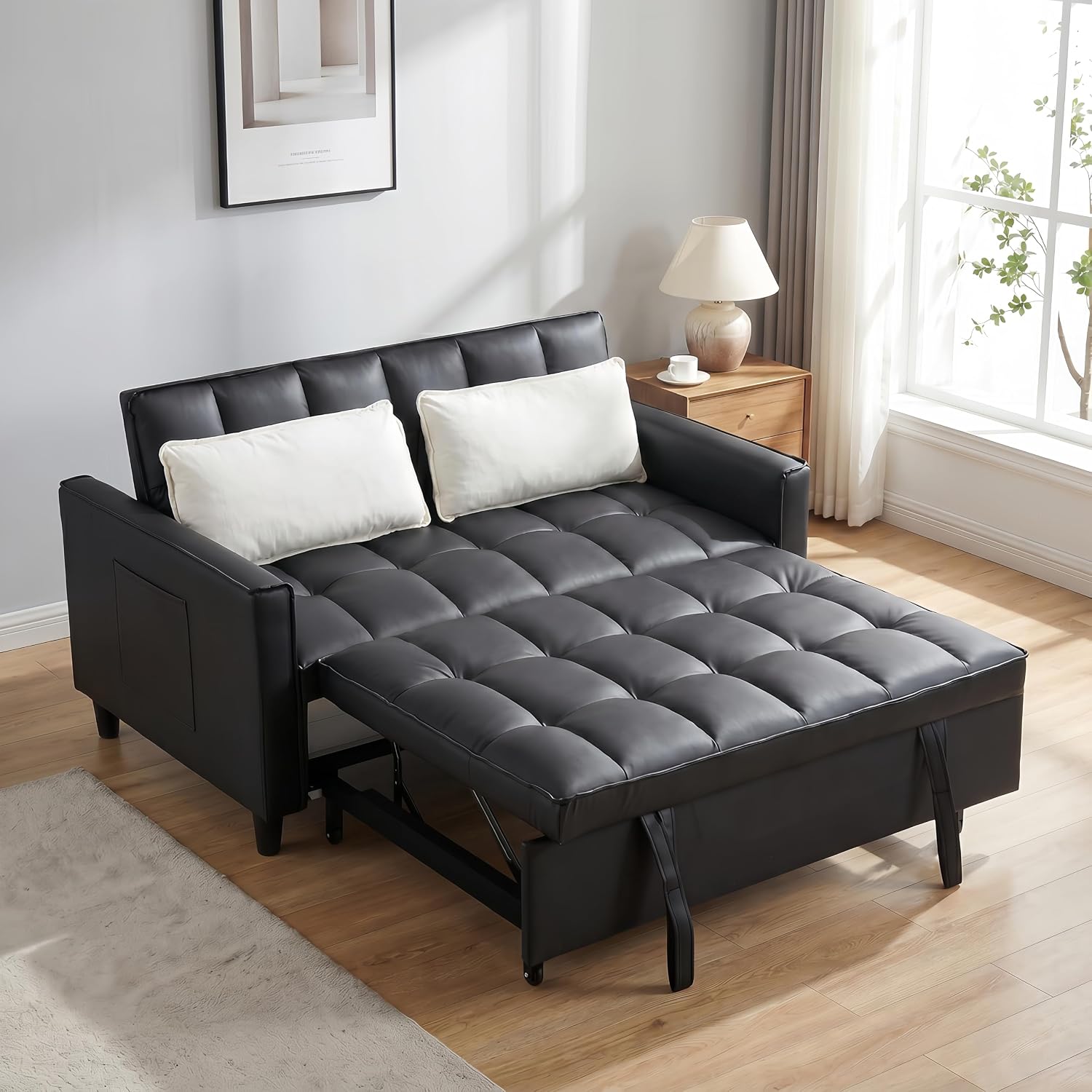3 in 1 Convertible Sofa Bed, Loveseat Sleeper Sofa with Large Side Pockets, Pull Out Couch with Adjustable Backrest, Easy Assembly, PU Couch Bed for Small Spaces, Apartment, Black