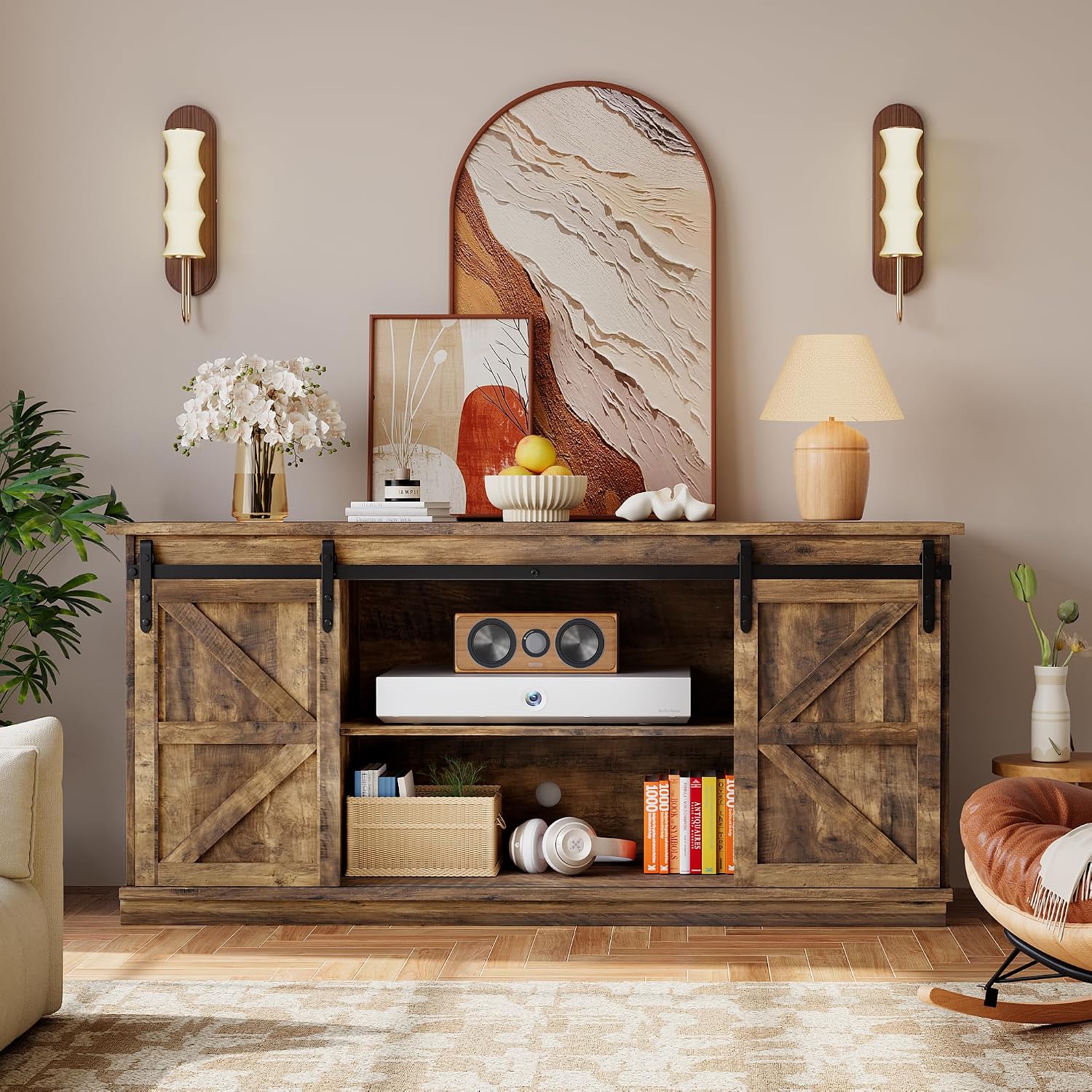 YESHOMY Farmhouse TV Stand for Televisions up to 65 Inch, Wood Entertainment Center with Sliding Barn Doors and 4 Storage Drawers, 58'' Media Console Cabinet with Shelves for Living Room, Barnwood