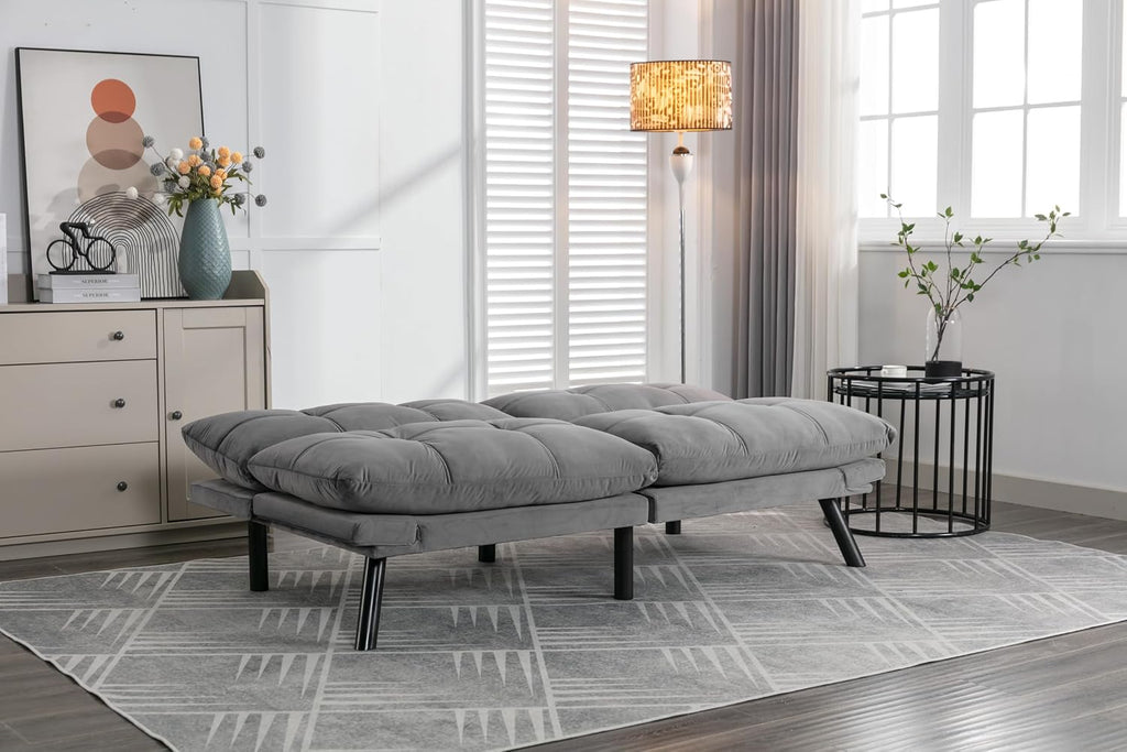 Convertible Futon Sofa Bed for Small Spaces, Modern Multi-Functional Sleeper with Adjustable Backrest, Tufted Brown Fabric Couch for Living Room, Apartment, Dorm (Light Grey)