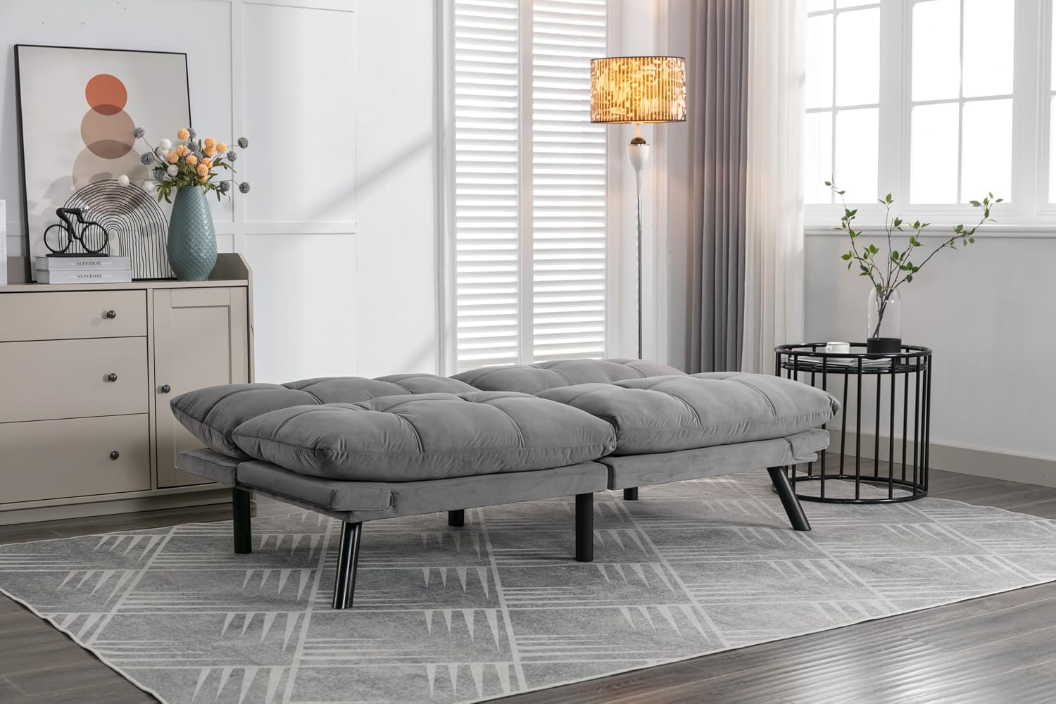 Convertible Futon Sofa Bed for Small Spaces, Modern Multi-Functional Sleeper with Adjustable Backrest, Tufted Brown Fabric Couch for Living Room, Apartment, Dorm (Light Grey)
