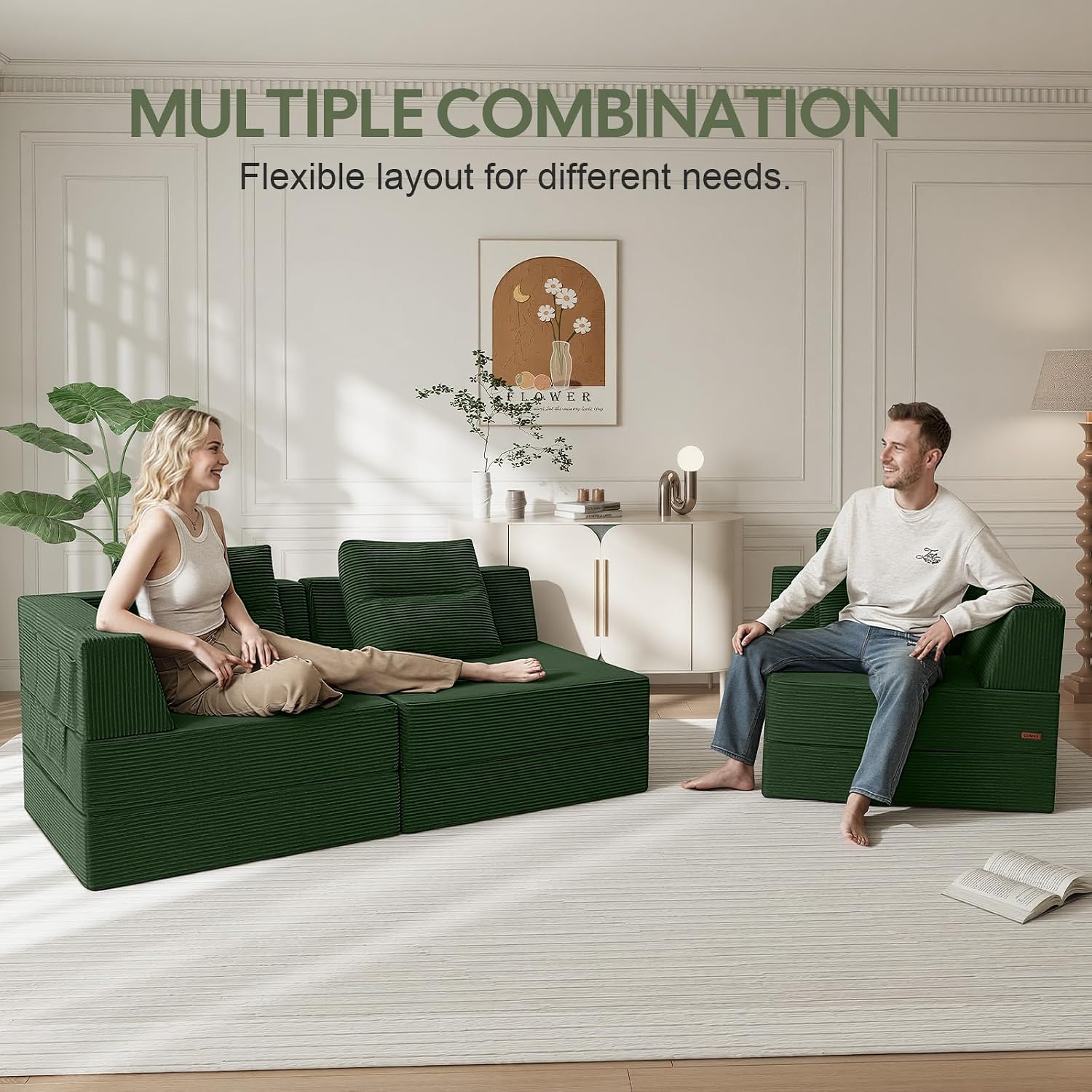 COMAX Futon Sofa Bed 3 Seater, 106' Convertible Sofa Bed Couches for Living Room, 4 in 1 Folding Boneless Sleeper Corduroy Couch Foam in a Box, Comfy Foldable Lounge Fold Out Floor Mattress, Green