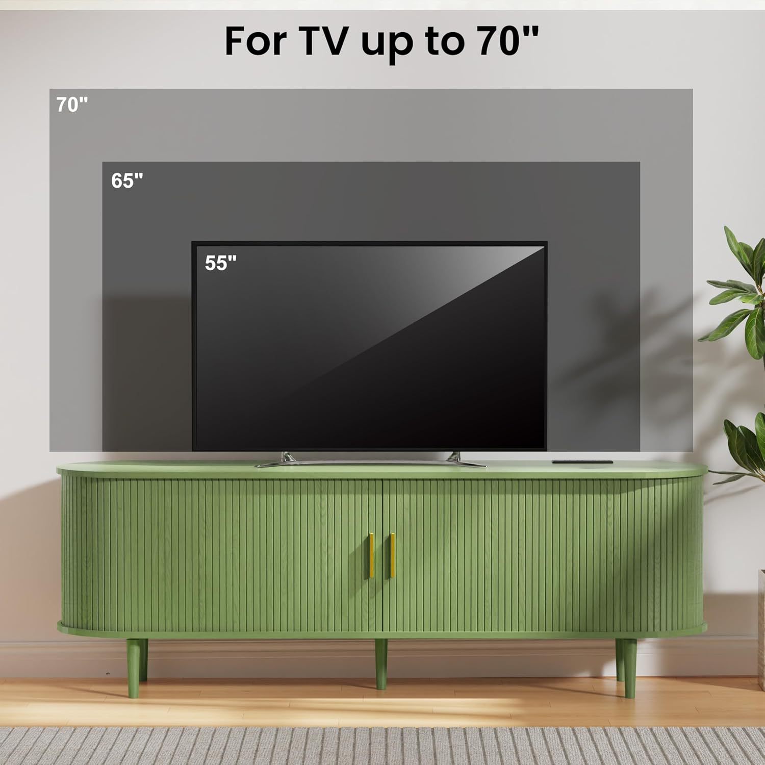 DHH 63 Inch Mid Century Modern TV Stand with Power Outlet for TVs up to 70 Inch, Entertainment Center with Storage and Adjustable Shelves, Media Console with Sliding Doors for Living Room(Green)