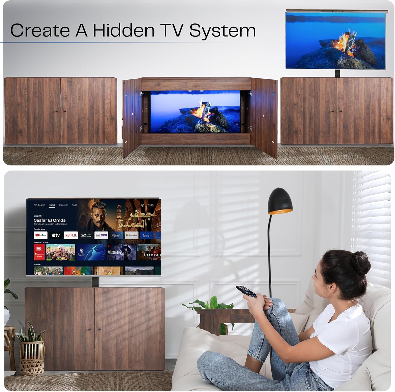 VIVO Walnut TV Cabinet with Motorized Vertical Lift Television Stand, Holds 32 to 55 inch TVs up to 132 lbs, CASE-KIT-EUP1WN