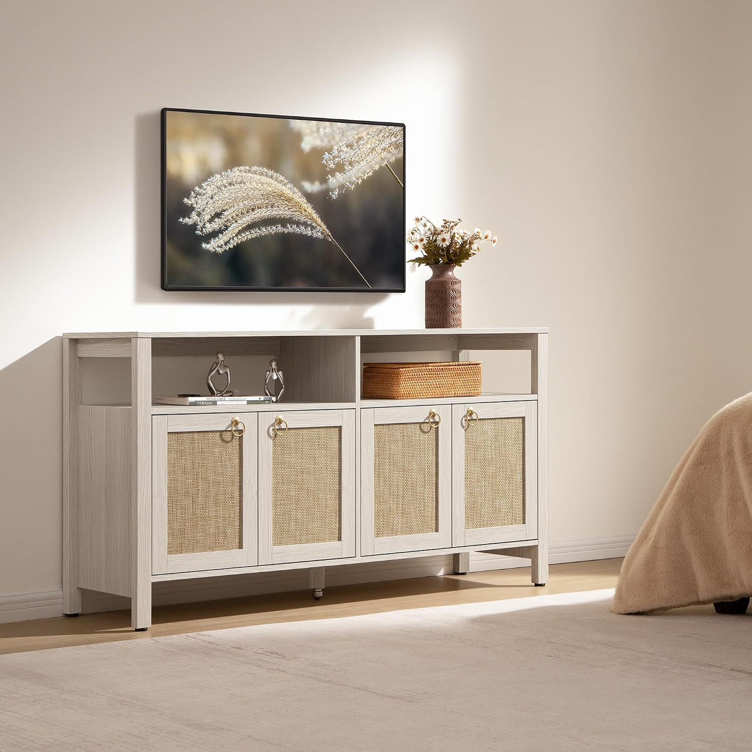 SICOTAS Rattan TV Stand for Television up to 65 Inch - 29.5' Tall Entertainment Center with Storage and Open Shelves,Boho Credenza TV Console Cabinet with 4-Doors and Adjustable Shelf for Living Room