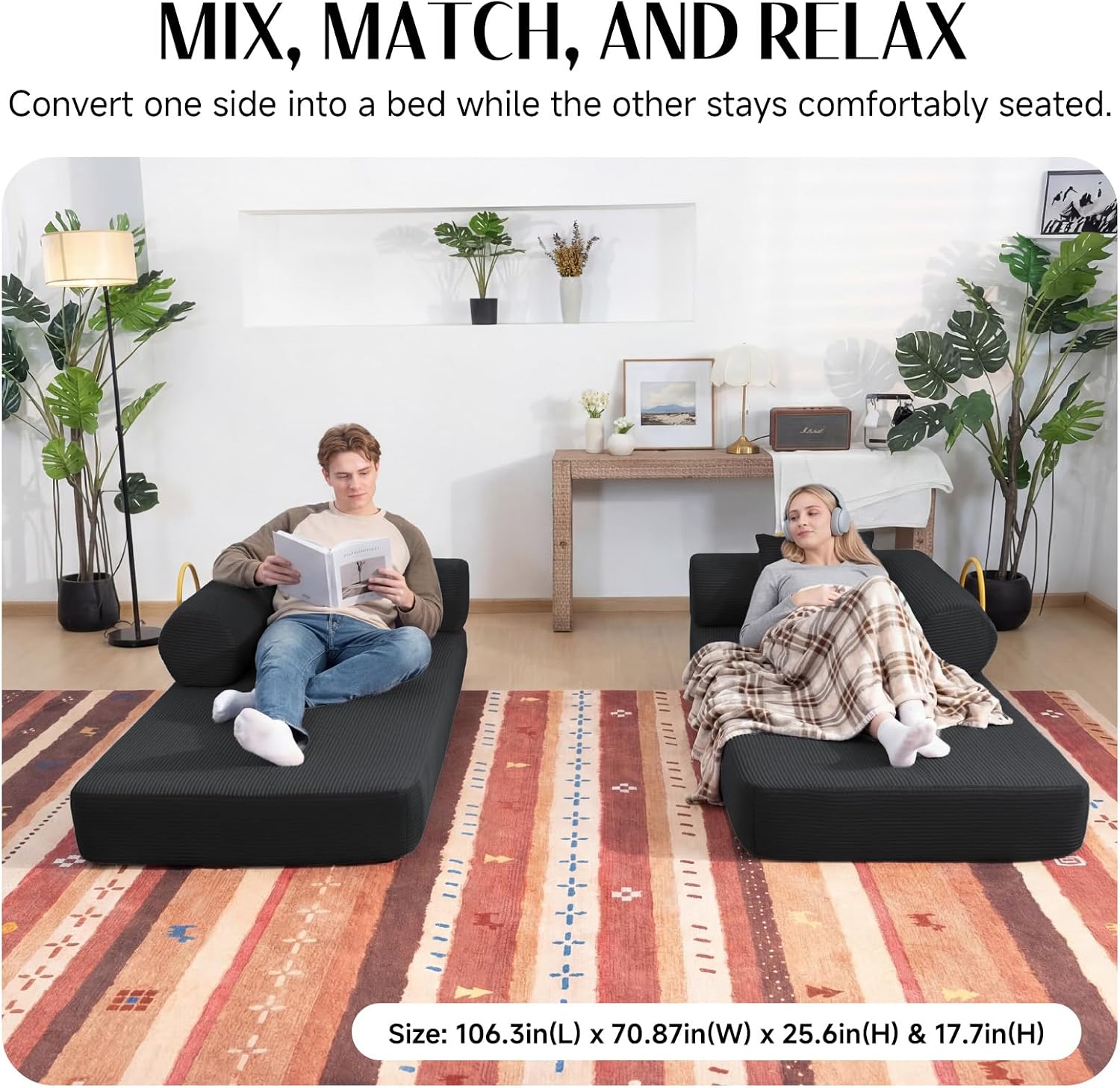 79' Corduroy Sofa Bed, Boneless Couch in a Box with 2 Pillows, High-Density Foam 4-in-1 Foldable Sleeper Futon Loveseat for Small Spaces, No Assembly, Side Pockets, Hex Arm Black