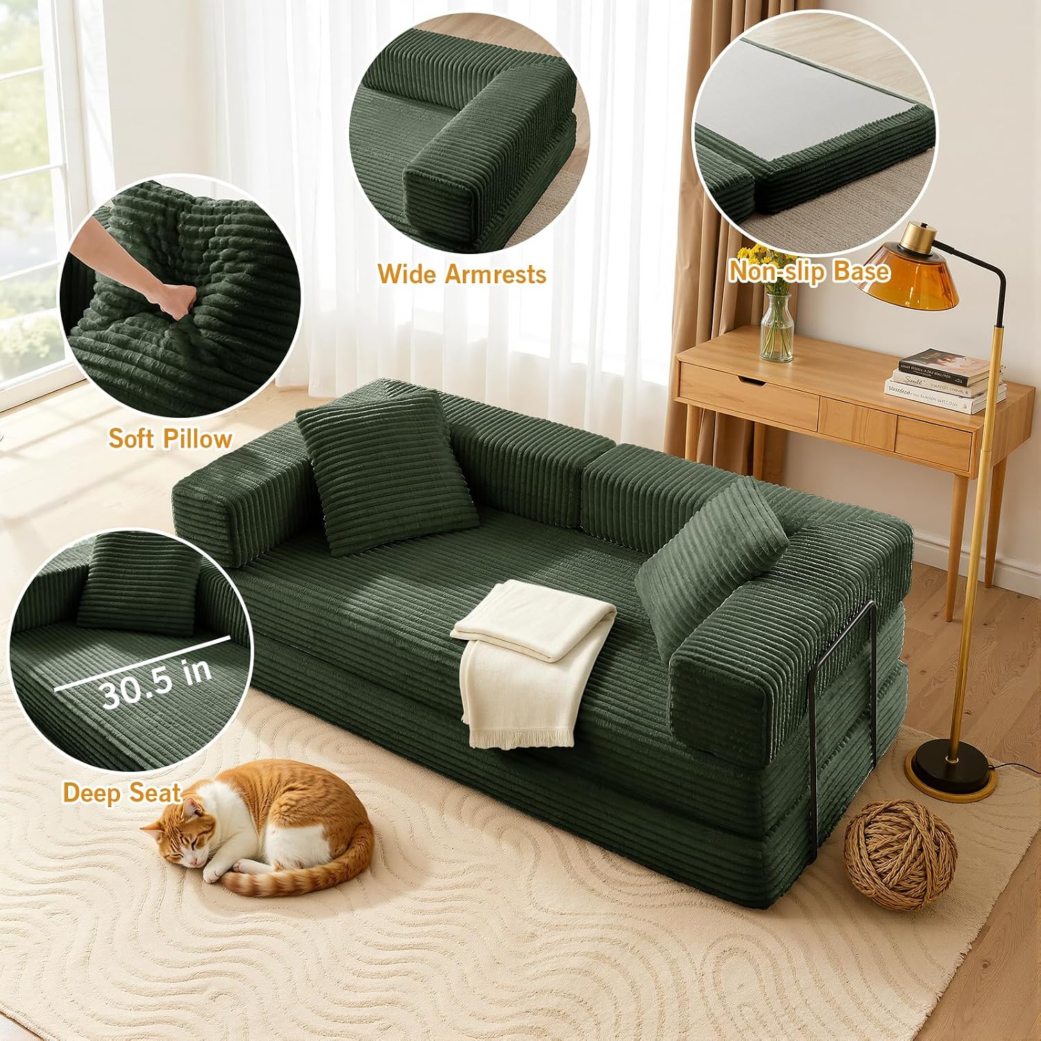 81'' Futon Sofa Bed, Folding Floor Couch Bed, Corduroy Fabric Boneless Couch, Compressed Boneless Sofa in a Box, Comfy Sleeper for Living Room-Green