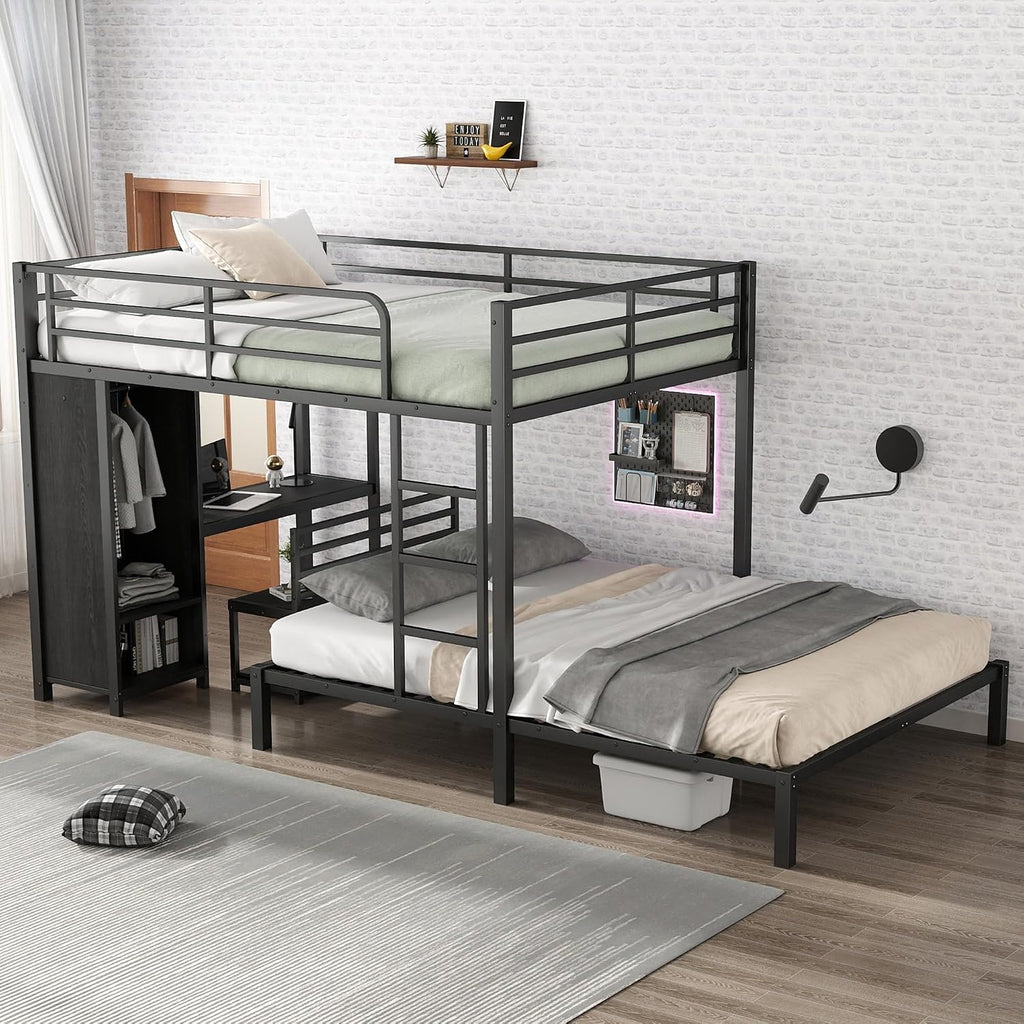 Bellemave Queen bunk Bed, Queen loft Bed with Desk and Shelves and Wardrobe, Black