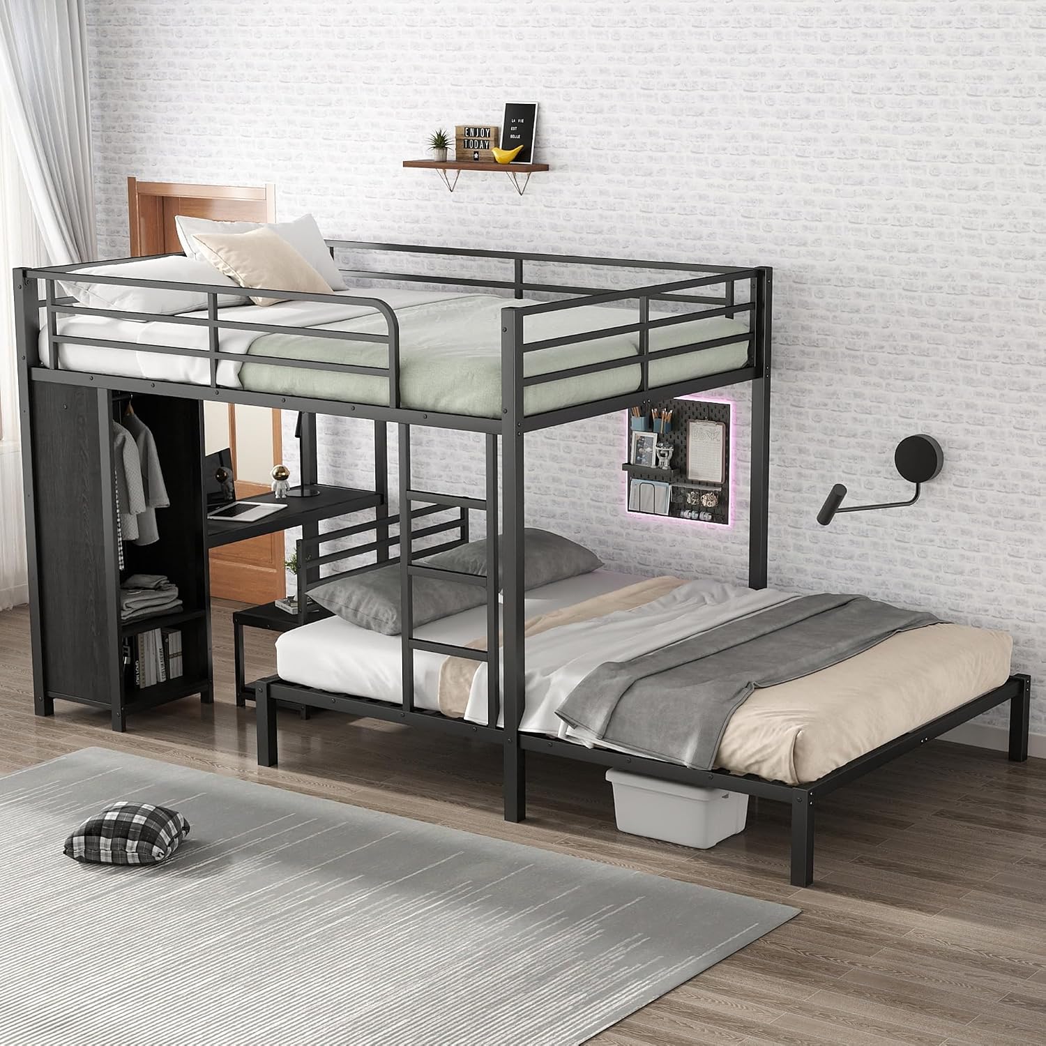 Bellemave Queen bunk Bed, Queen loft Bed with Desk and Shelves and Wardrobe, Black