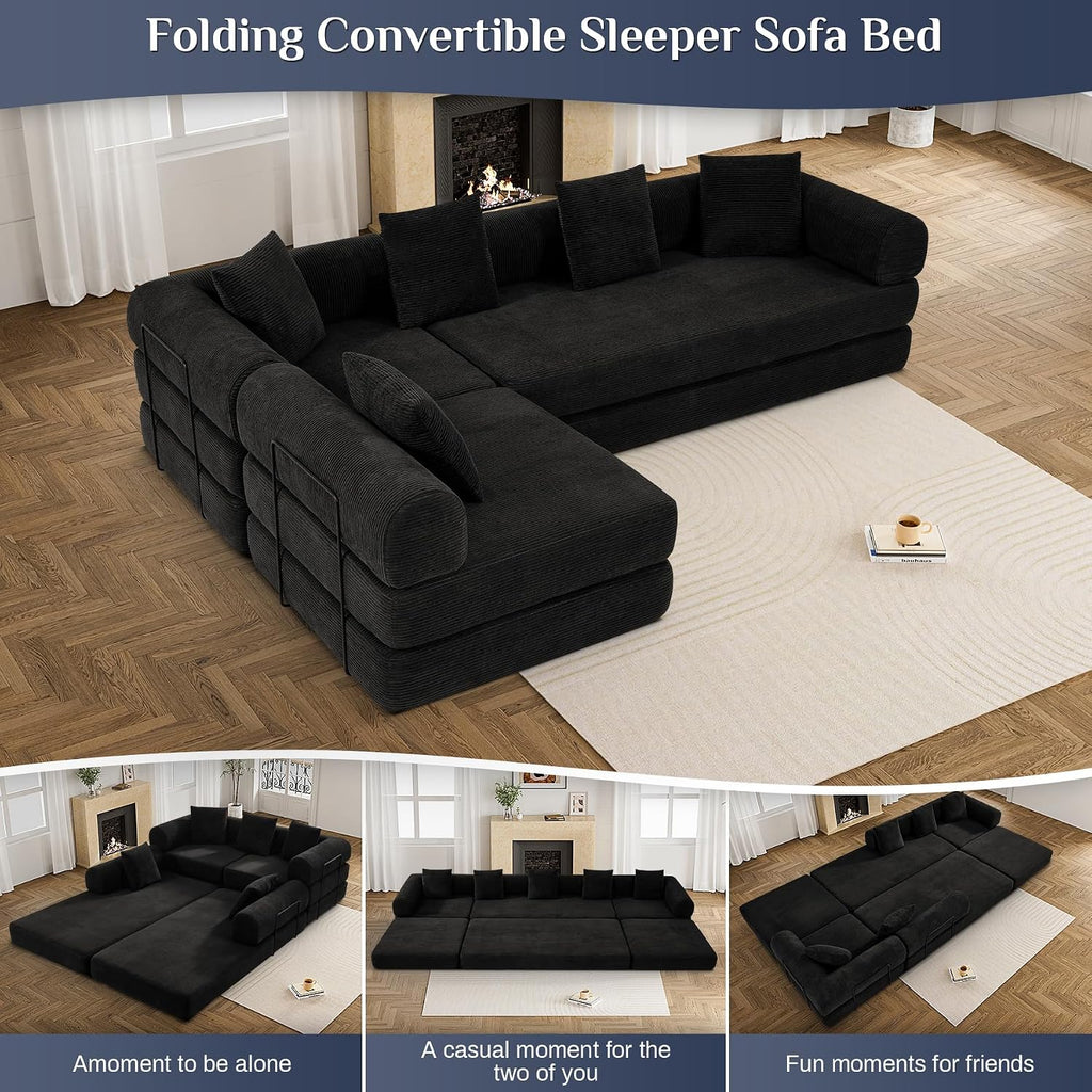 DAMAIFROM Convertible Sleeper Sofa Bed with Cylindrical Pillow,Corduroy Folding Mattress Couch with Fixed-Shape Frame,Modular Floor Sofa Lounge Couch for Living Room Bedroom Lounge,158.6',Black