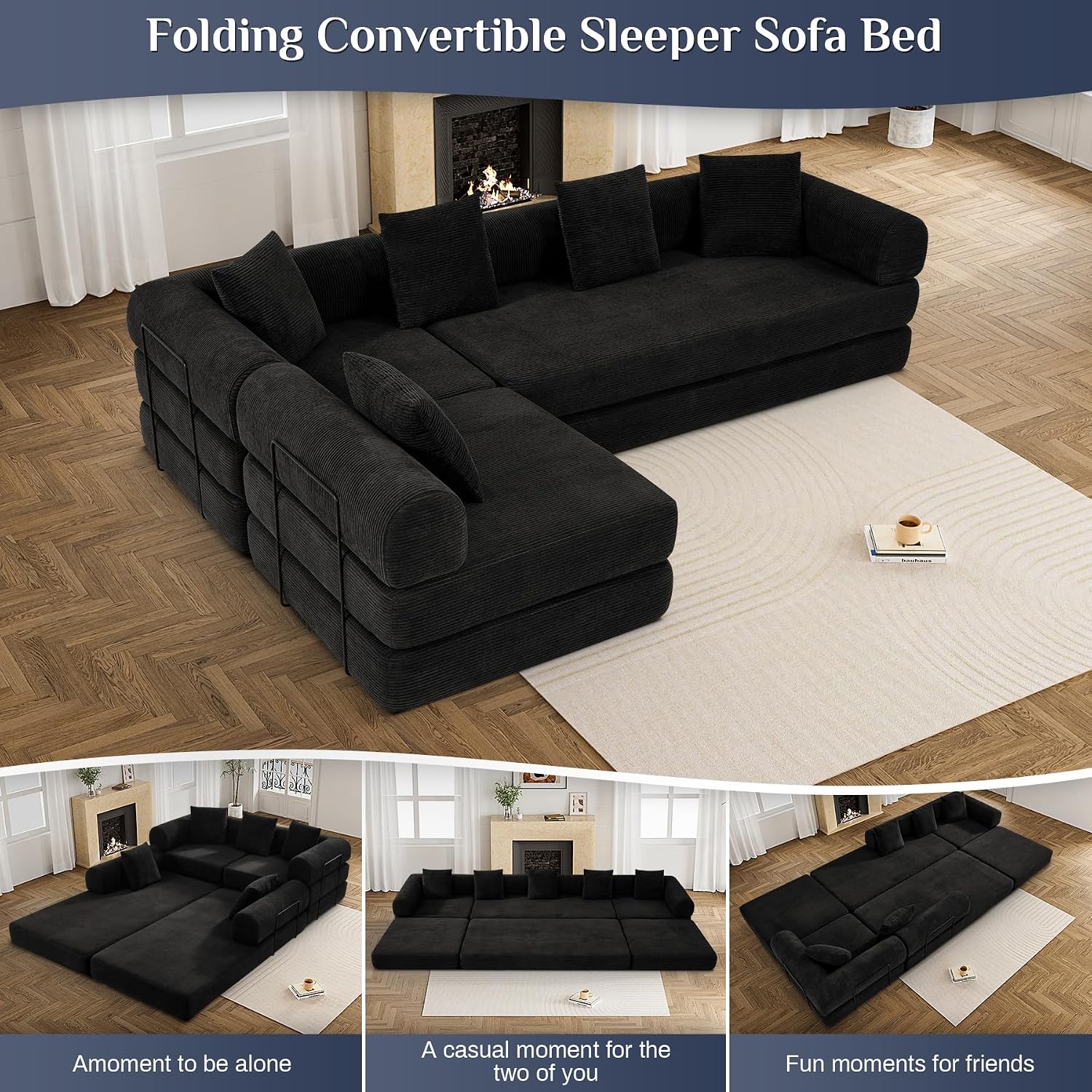 DAMAIFROM Convertible Sleeper Sofa Bed with Cylindrical Pillow,Corduroy Folding Mattress Couch with Fixed-Shape Frame,Modular Floor Sofa Lounge Couch for Living Room Bedroom Lounge,158.6',Black