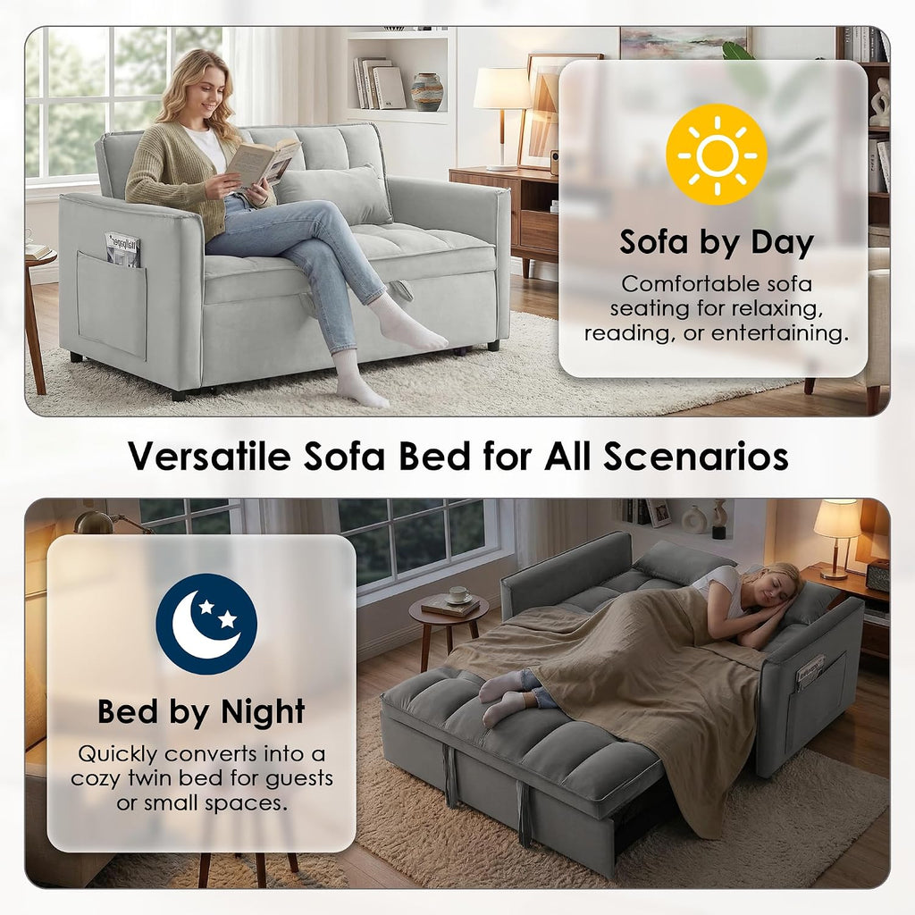 3 in 1 Convertible Sleeper Sofa Bed, 55' Pull Out Couches, Modern Loveseat Sleeper Sofa with Adjustable Reclining Backrest & Side Pockets for Living Room, Velvet Fabric, Grey
