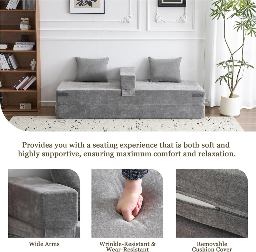 MELLCOM 79' Convertible Folding Sofa Bed Queen, Sleeper Sofa Couch with Armrest and Pillows, Chenille Fold Out Floor Chaise Lounge, Comfy Foldable Futon Mattress for Living Room, Bedroom (Grey 7.87')