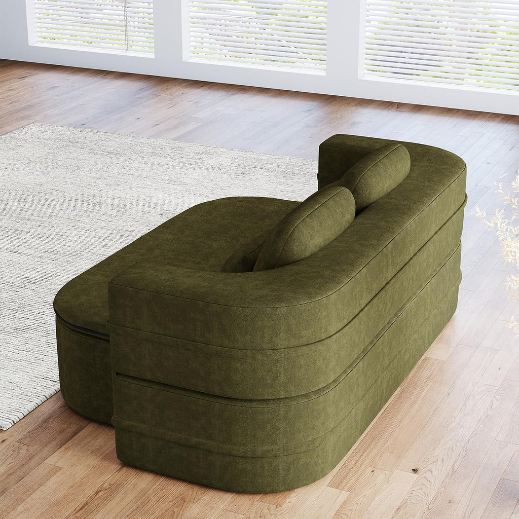 Antetek Convertible Sleeper Sofa, Modern Folding Futon Chenille Floor Foam Compression Loveseat Sofa Bed Couch, Foldable Full Size Guest Bed with 4 Pillows for Living Room Bedroom Apartment, Green