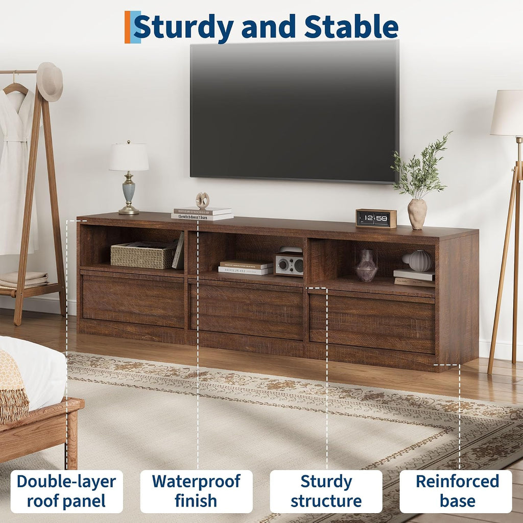 IDEALHOUSE 70 inch TV Stand for 80' TVs, Mid Century Modern Entertainment Center with Storage Drawer & Open Shelves, Wood Media Console Cabinet for Living Room/Bedroom, Vintage