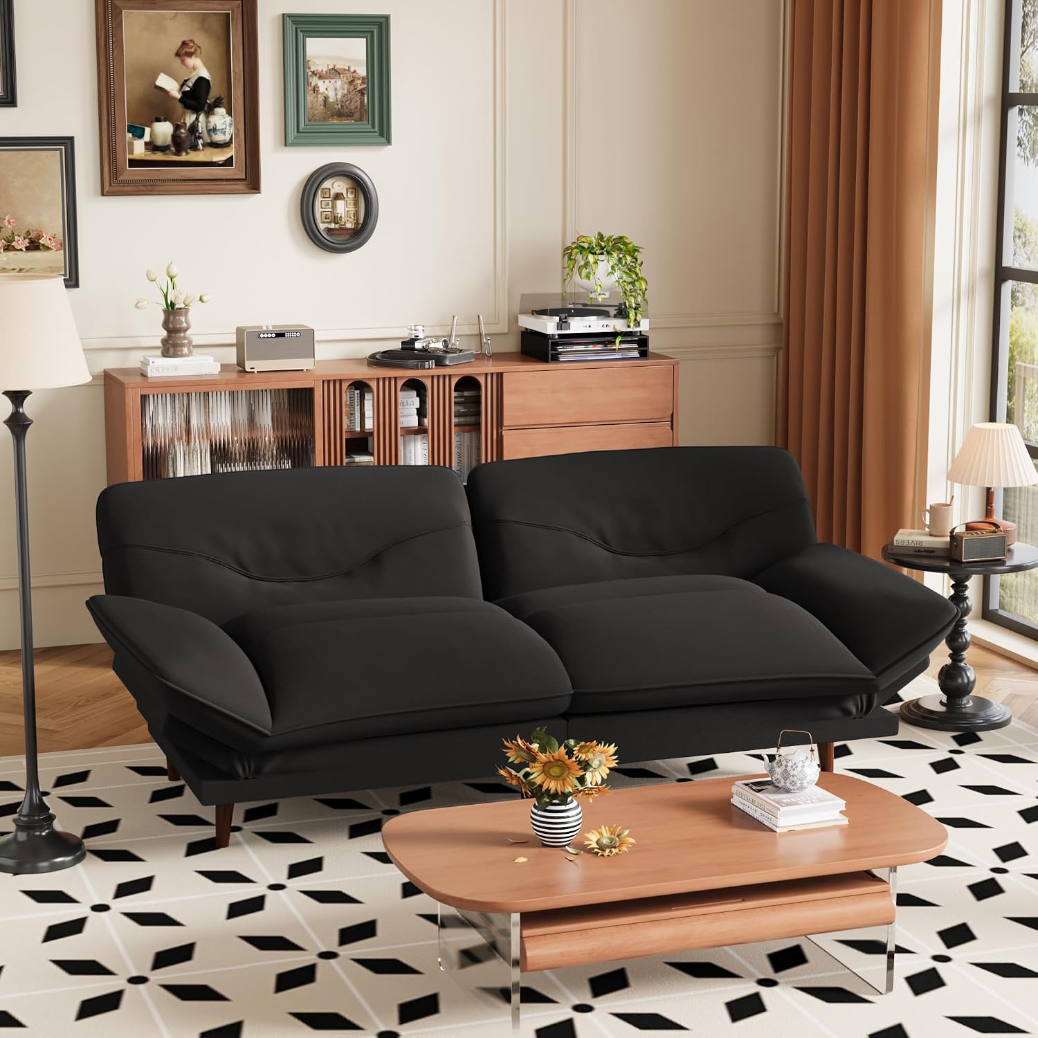 JUMMICO Convertible Futon Sofa Bed, Sleeper Futon Couch with Adjustable Backrest and Armrests, Modern Loveseat with Sturdy Wood Frame for Small Spaces, Apartments (Fabric, Black)