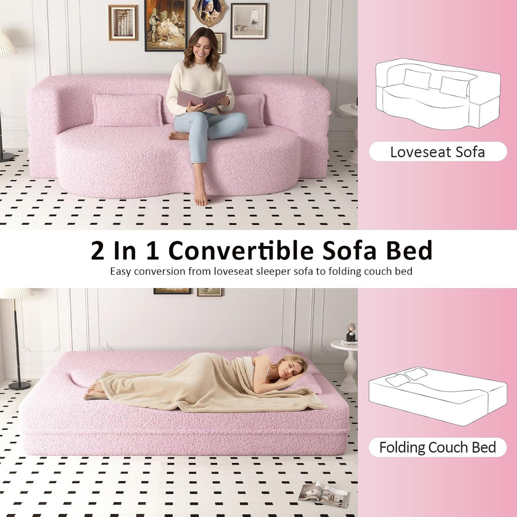CAPCAEK Folding Foam Sofa Bed,15' Full Size Floor Couch,Convertible Teddy Fabric Foam-Filled Sleeper Futon Loveseat Couch for Living Room, Guest Use, Office, Apartmen (Pink)