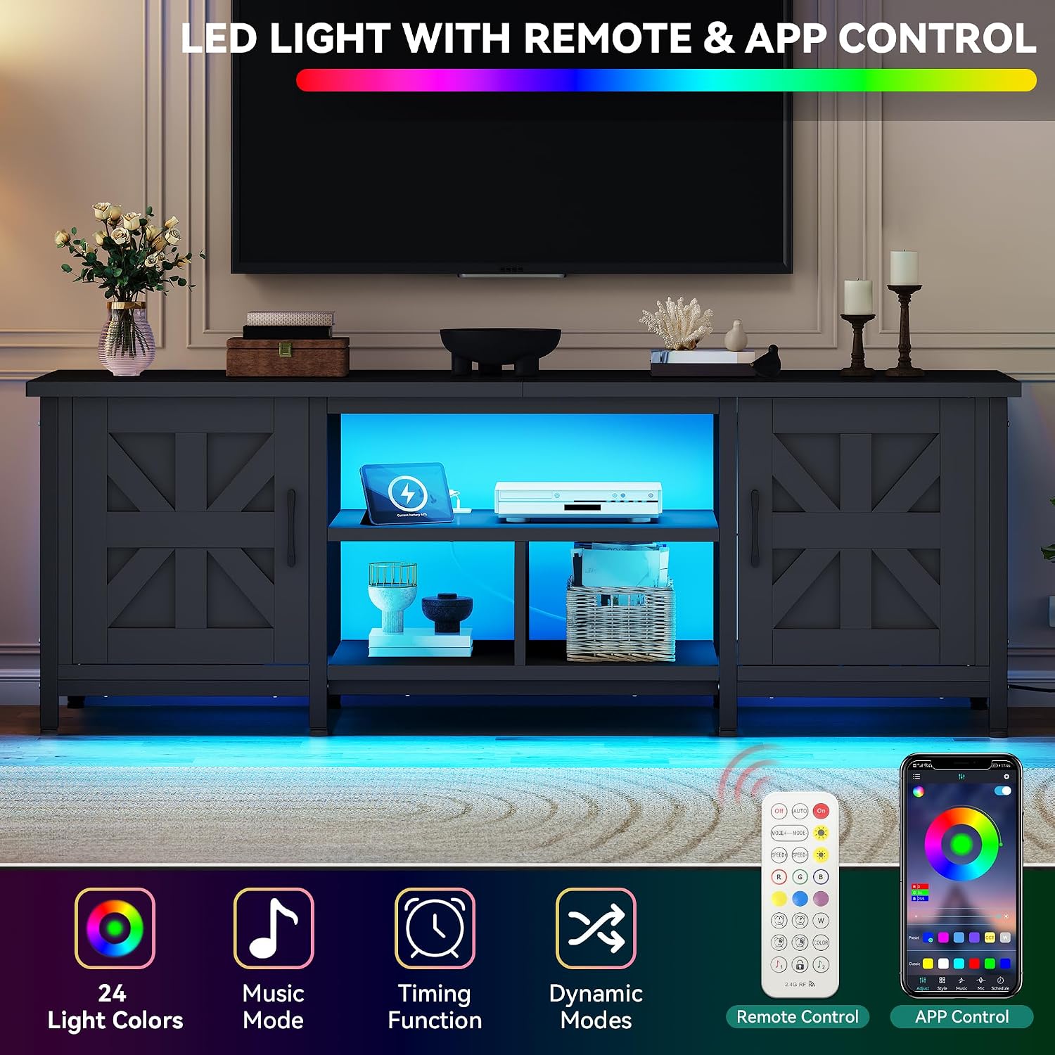 YITAHOME TV Stand with LED Lights & Charging Station, Farmhouse Entertainment Center with Storage Cabinets & Shelves, Cross-Pattern Doors, Fits TVs up to 70'', TV Consoles for Living Room, Black