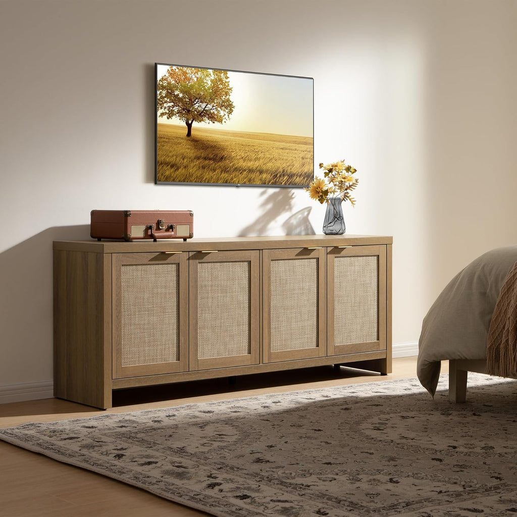 SICOTAS TV Stand for Living Room Boho Entertainment Center for Bedroom with 4 Rattan Cabinets Farmhouse Television Stands with Storage Large Media Console Table for TVs up to 65 Inch
