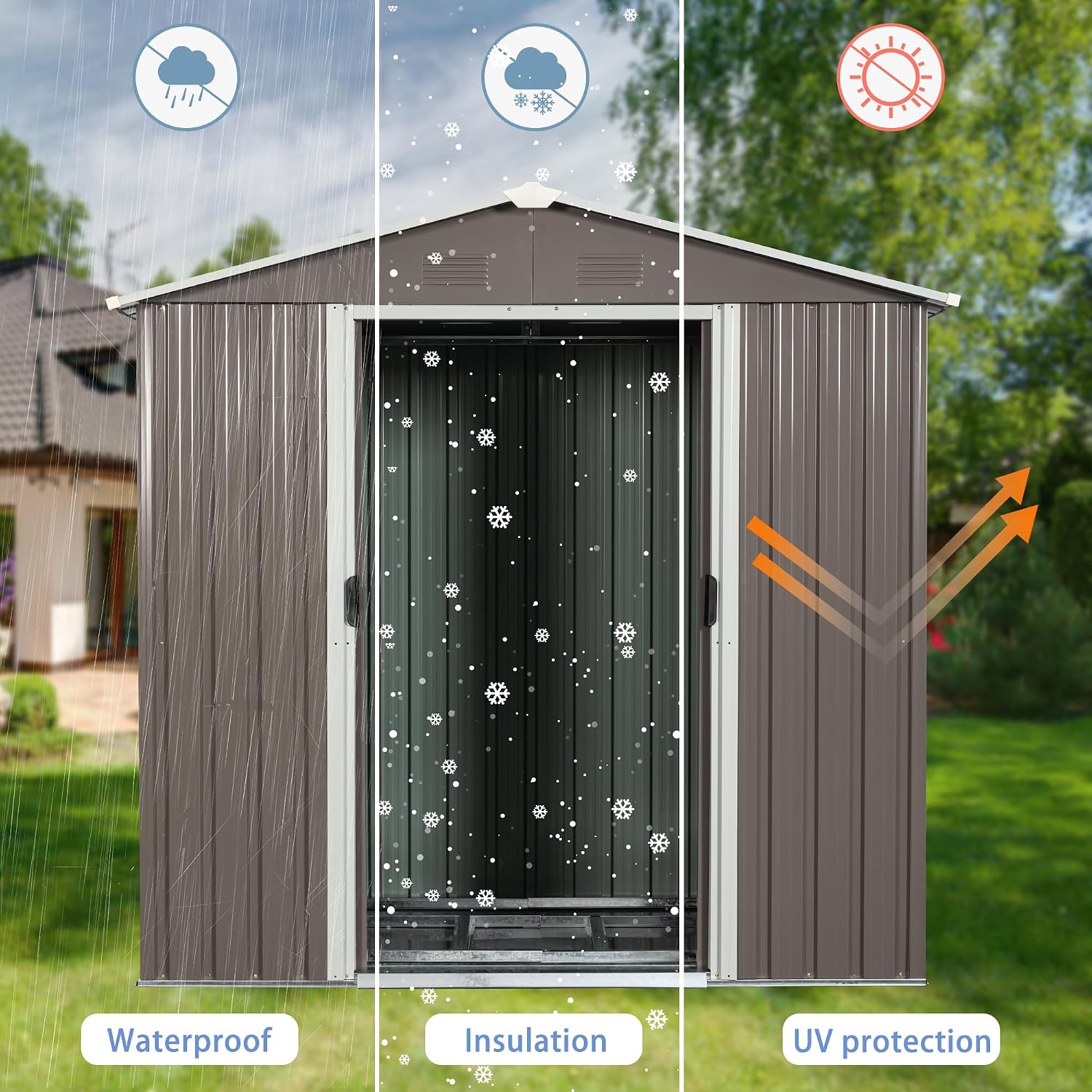 8 x 4 FT Outdoor Storage Shed, Metal Garden Shed with Floor Frame, Tool Shed Outdoor Storage with Lockable Sliding Doors & Air Vents, Storage House Waterproof for Backyard, Lawn, Gray