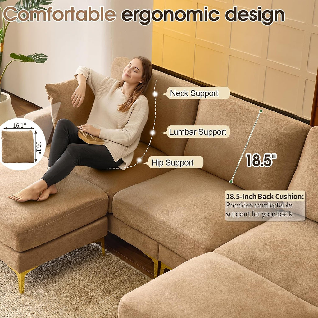VINGLI 100' W U Shaped Couch with Ottoman, 22' Deep Seat Comfortable Sectional Couches for Living Room, 3 Seater Chenille Fabric Cloud Sofa for Apartment, Small Spaces, Bedroom, Khaki