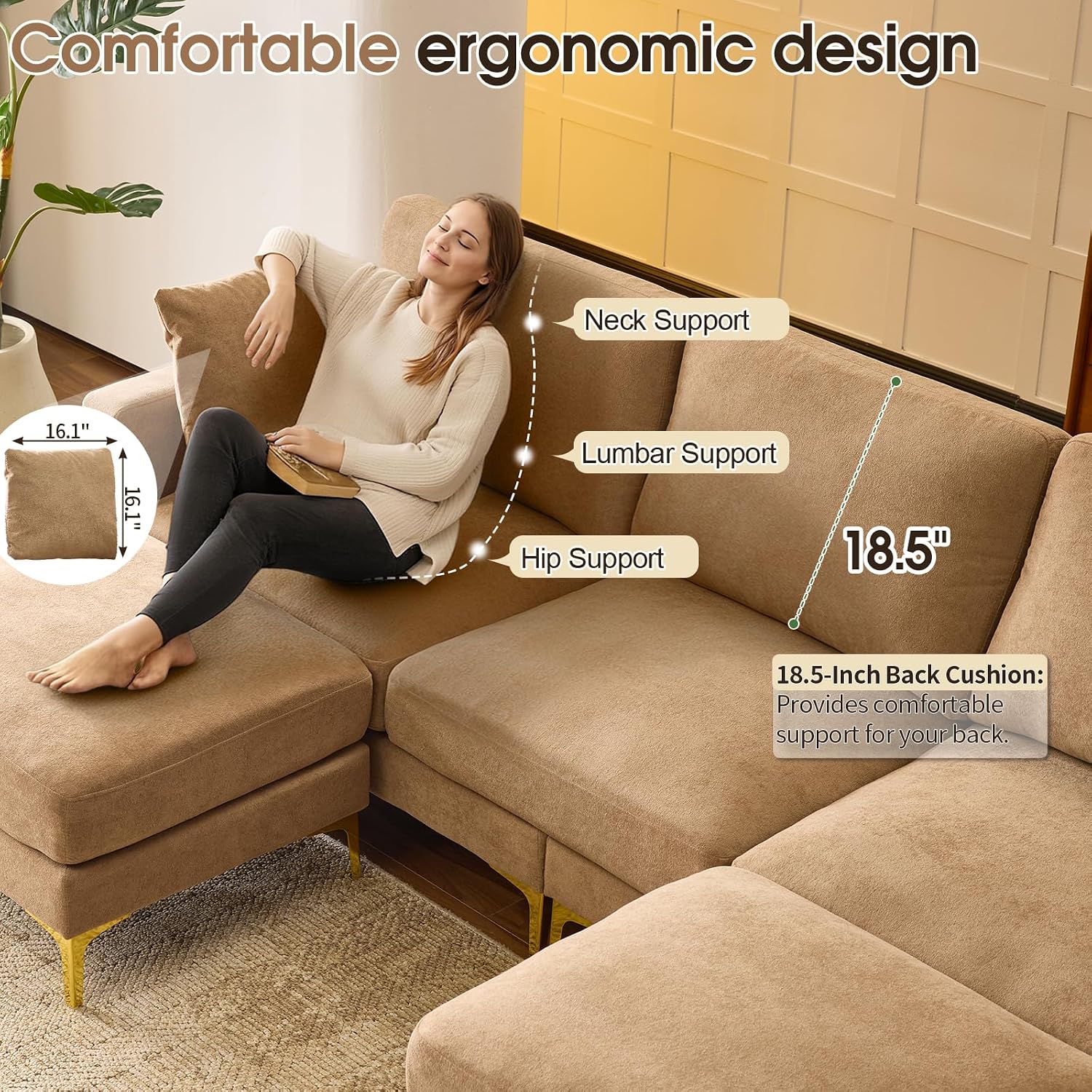 VINGLI 100' W U Shaped Couch with Ottoman, 22' Deep Seat Comfortable Sectional Couches for Living Room, 3 Seater Chenille Fabric Cloud Sofa for Apartment, Small Spaces, Bedroom, Khaki