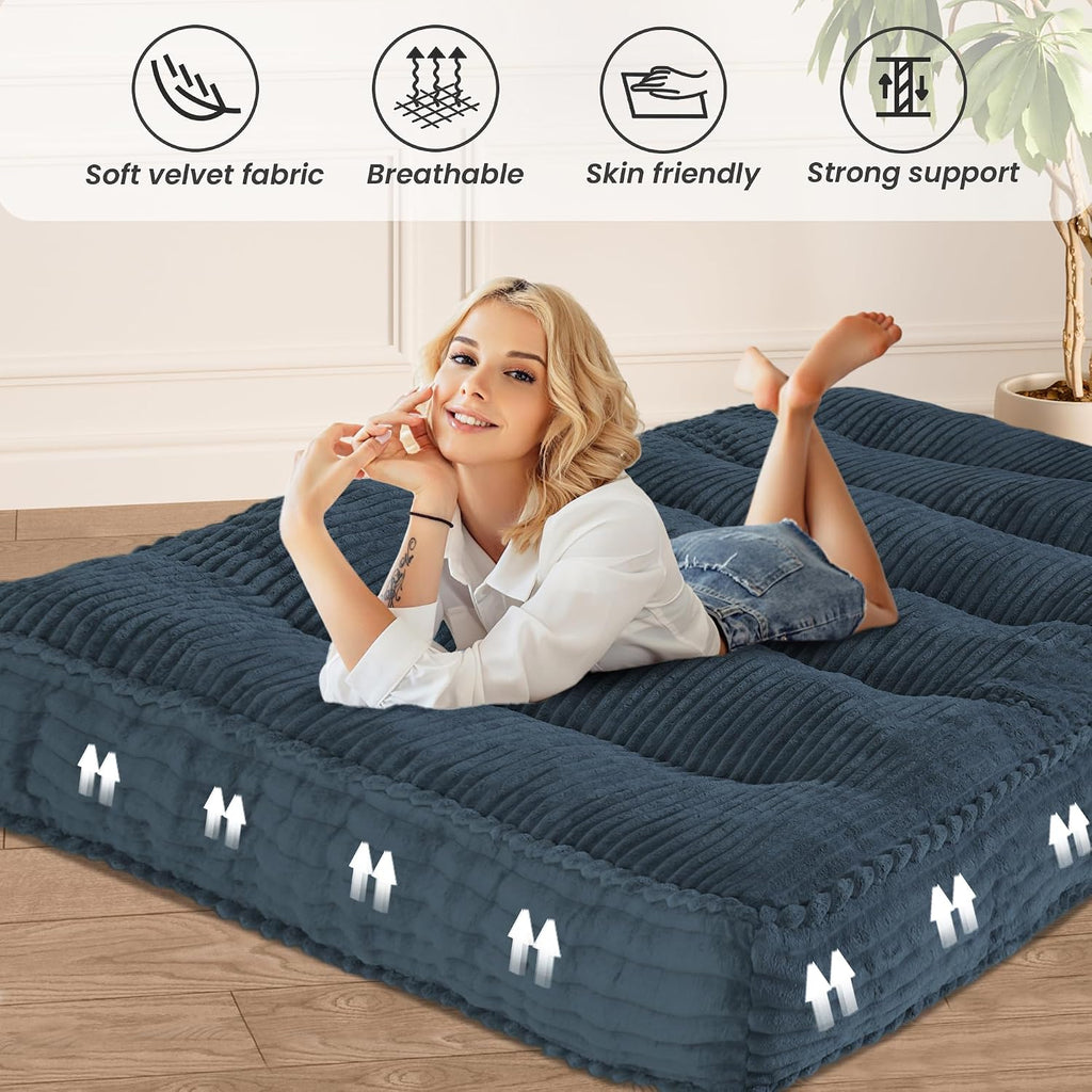 8' Futon Mattress Full Size 54' x 80', Futon Sofa Couch Bed with Twisted Rope Design Edging, Extra Thick Corded Floor Futon Mattress Sleeping Mat for Adults, Camping, Dorm, Blue(Frame Not Included)