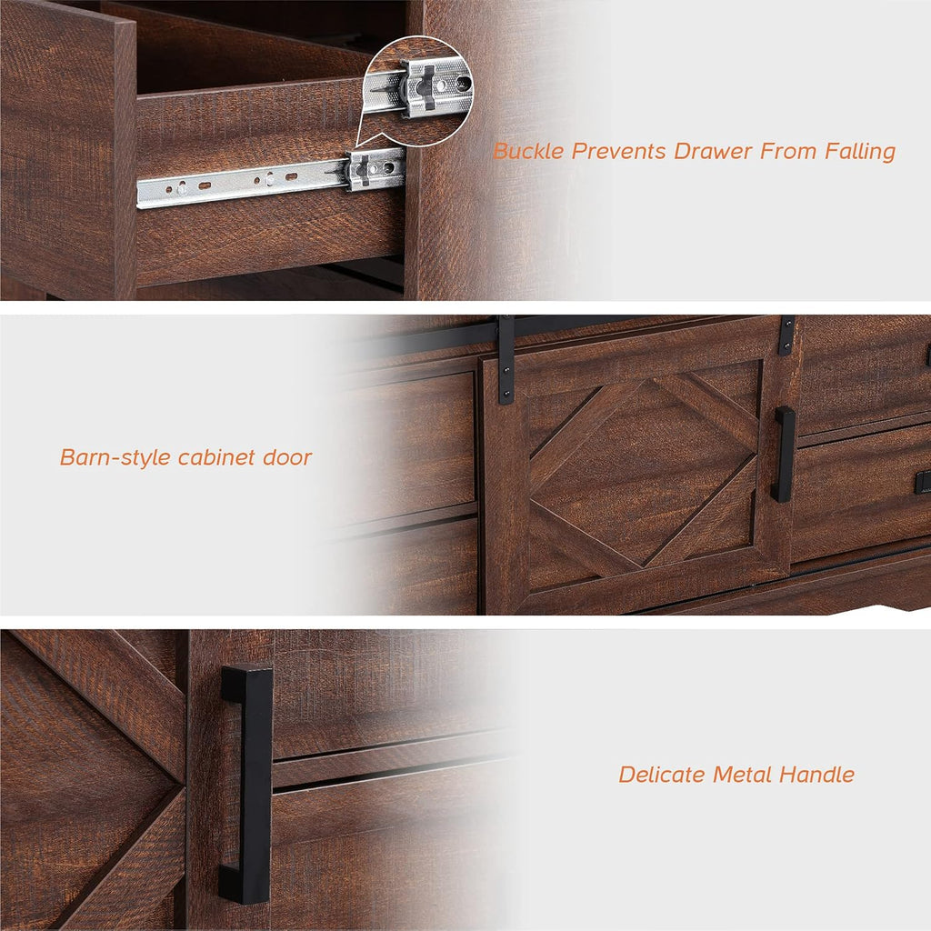 WAMPAT 98' Wide Farmhouse TV Stand for up to 110' TV, 3-in-1 Rustic Wood Entertainment Center with Drawers and Cube Cabinets for Living Room, Faux Bark Finish, Rustic Brown