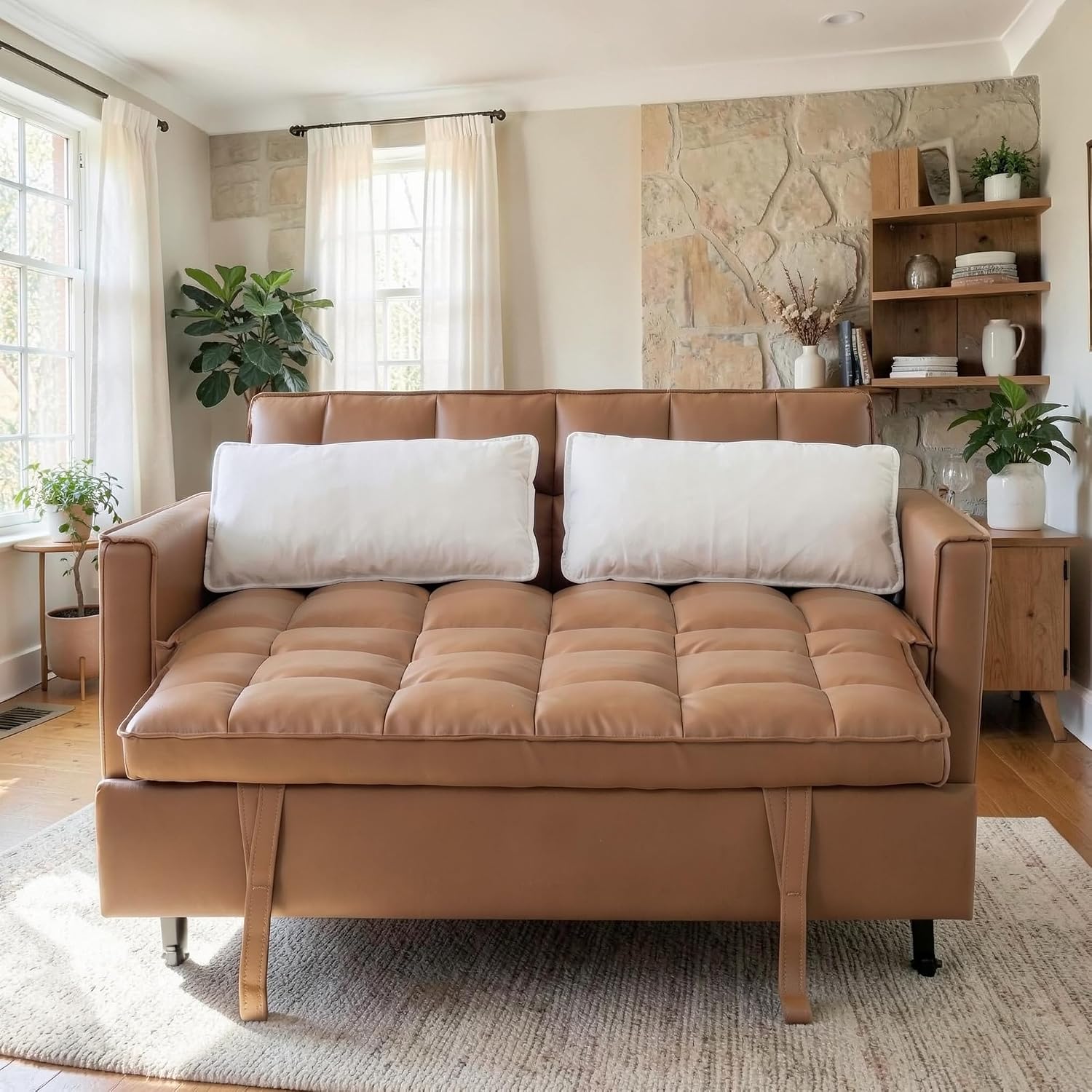 3 in 1 Convertible Sofa Bed, Love Seat Sleeper Bed with Side Pockets, PU Fabric Pull Out Couch with Adjustable Backrest for Living Room, Bedroom, Apartment, Brown