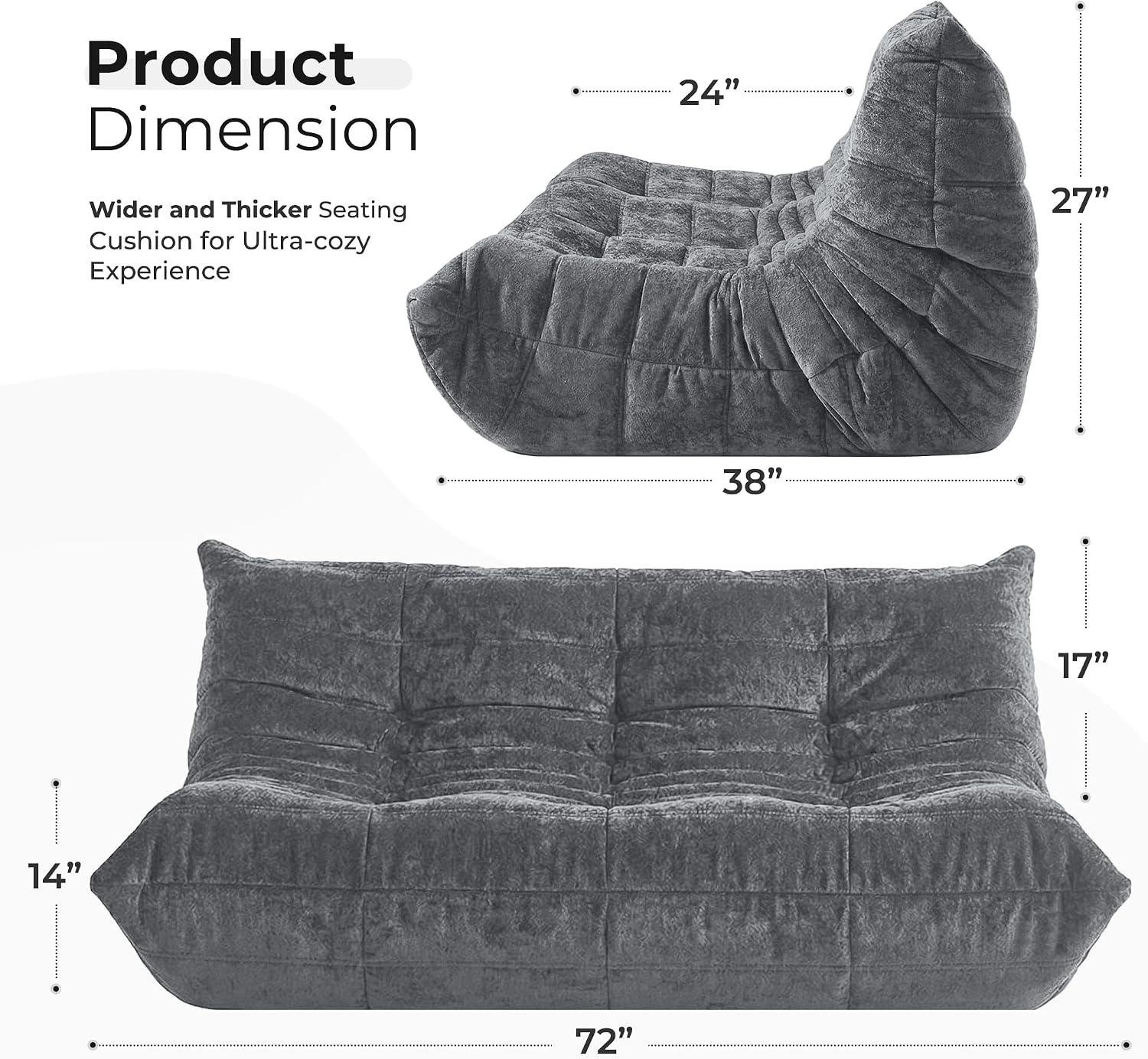 HABUTWAY Bean Bag Chair, Giant Bean Bag Chairs for Adults, 3 Seater Fireside Chair, Lazy Large Floor Bean Bag Sofa for Living Room, Bedroom, Dorm, Office (Grey)