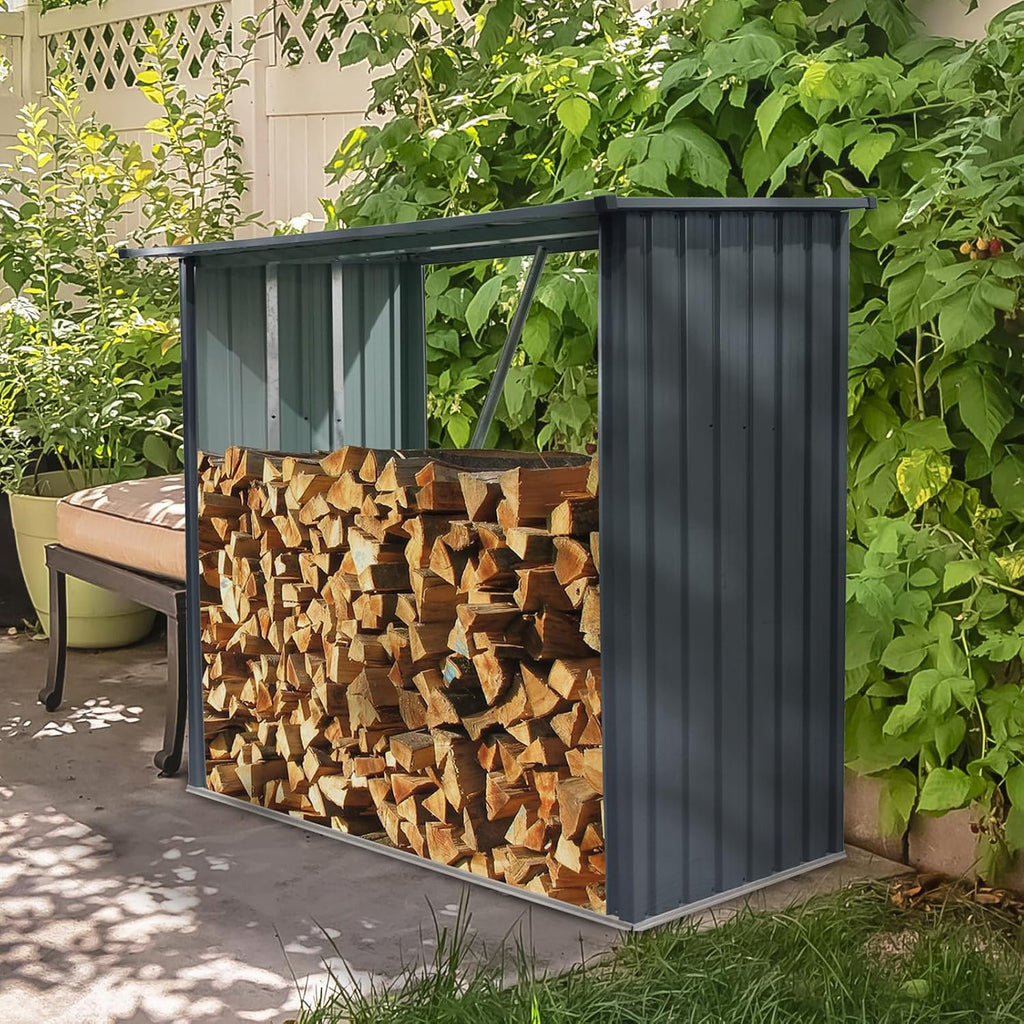 JT 7 x 3 FT Metal Firewood Rack, Galvanised Steel Garden Log Storage Shed, Metal Firewood Shed Holder, Outdoor Log Rack for Backyard, Black