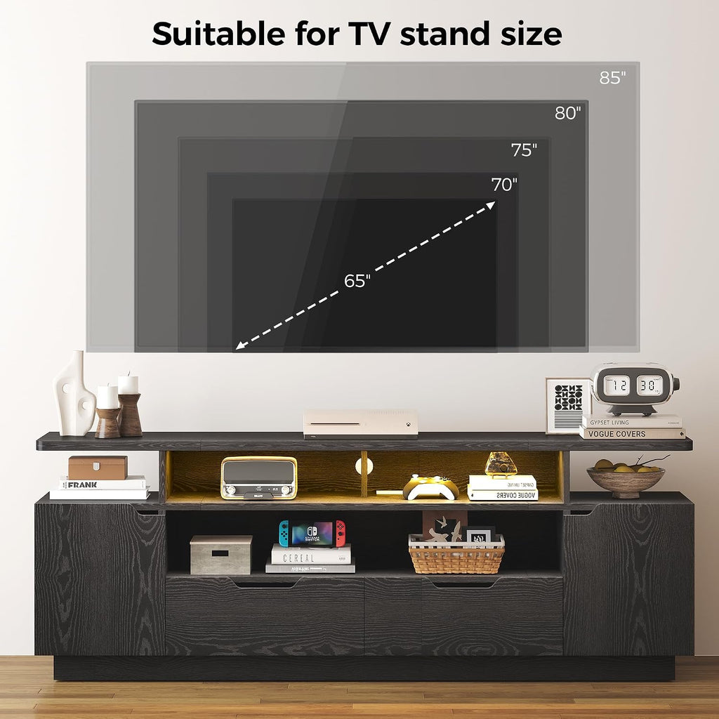 IRONCK TV Stand for TVs 85 inch with Power Outlet and LED Lights, Entertainment Center with Storage Cabinets, Media TV Console with Drawers, Modern TV Stand for Living Room, Black
