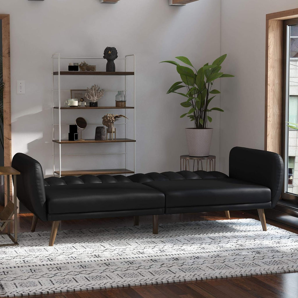 Novogratz Brittany 82 Inch Futon Sofa Bed in Faux Leather, Upholstered Couch Sleeper with Tufted Back, Mid-Century Modern Design, Black