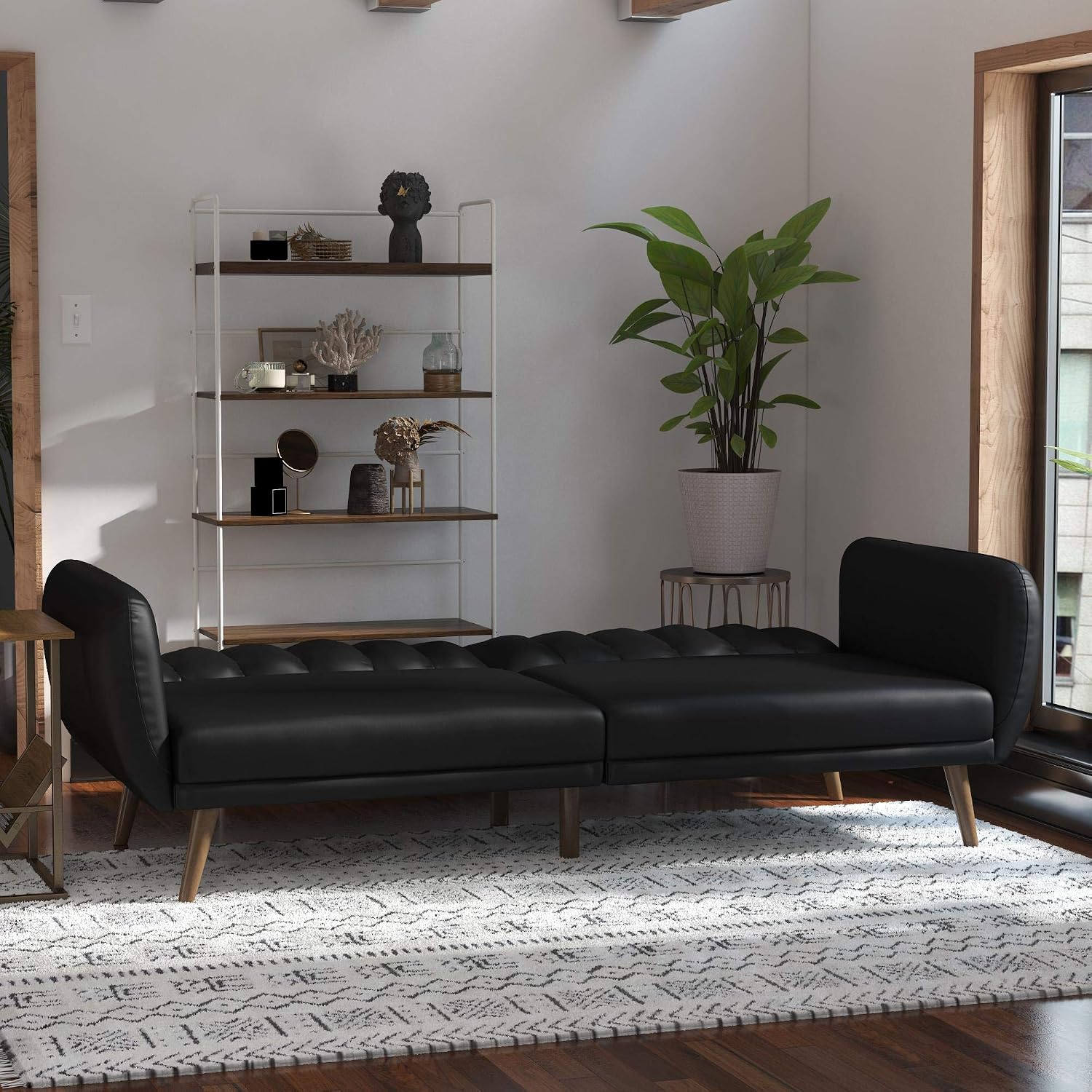 Novogratz Brittany 82 Inch Futon Sofa Bed in Faux Leather, Upholstered Couch Sleeper with Tufted Back, Mid-Century Modern Design, Black