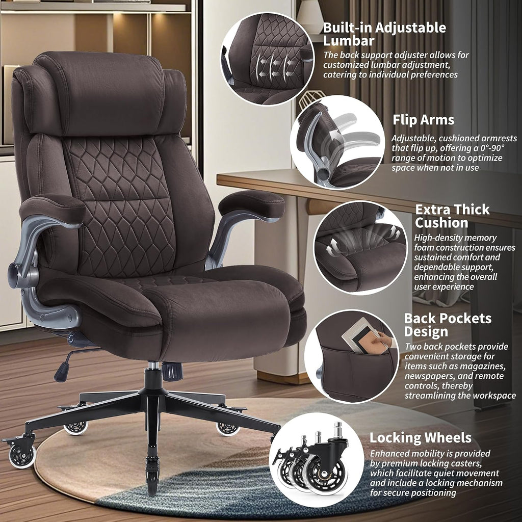 Office Chair with Locking Wheels, Ergonomic High Back Fabric Desk Chair with Adjustable Lumbar Support, Flip-Up Arms, Thick Padded Seat, 400lbs Heavy Duty for Home Office Adults