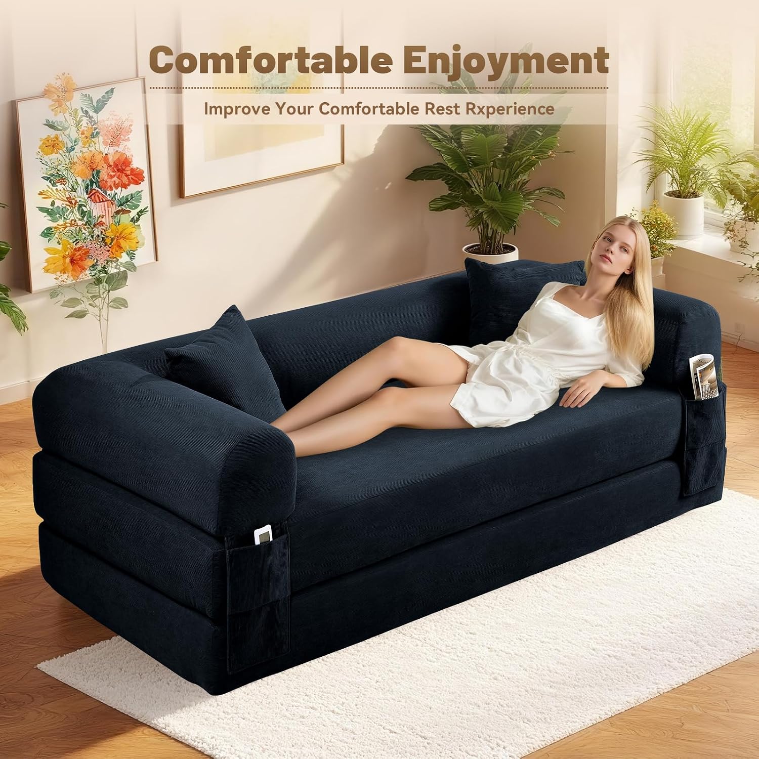 Convertible Futon Sofa Bed,80' Folding Pull Out Couch Bed with Storage,Queen Sleeper Sofa Bed,Compressed Couch in a Box,Corduroy Boneless Couches for Living Room,Deep Blue