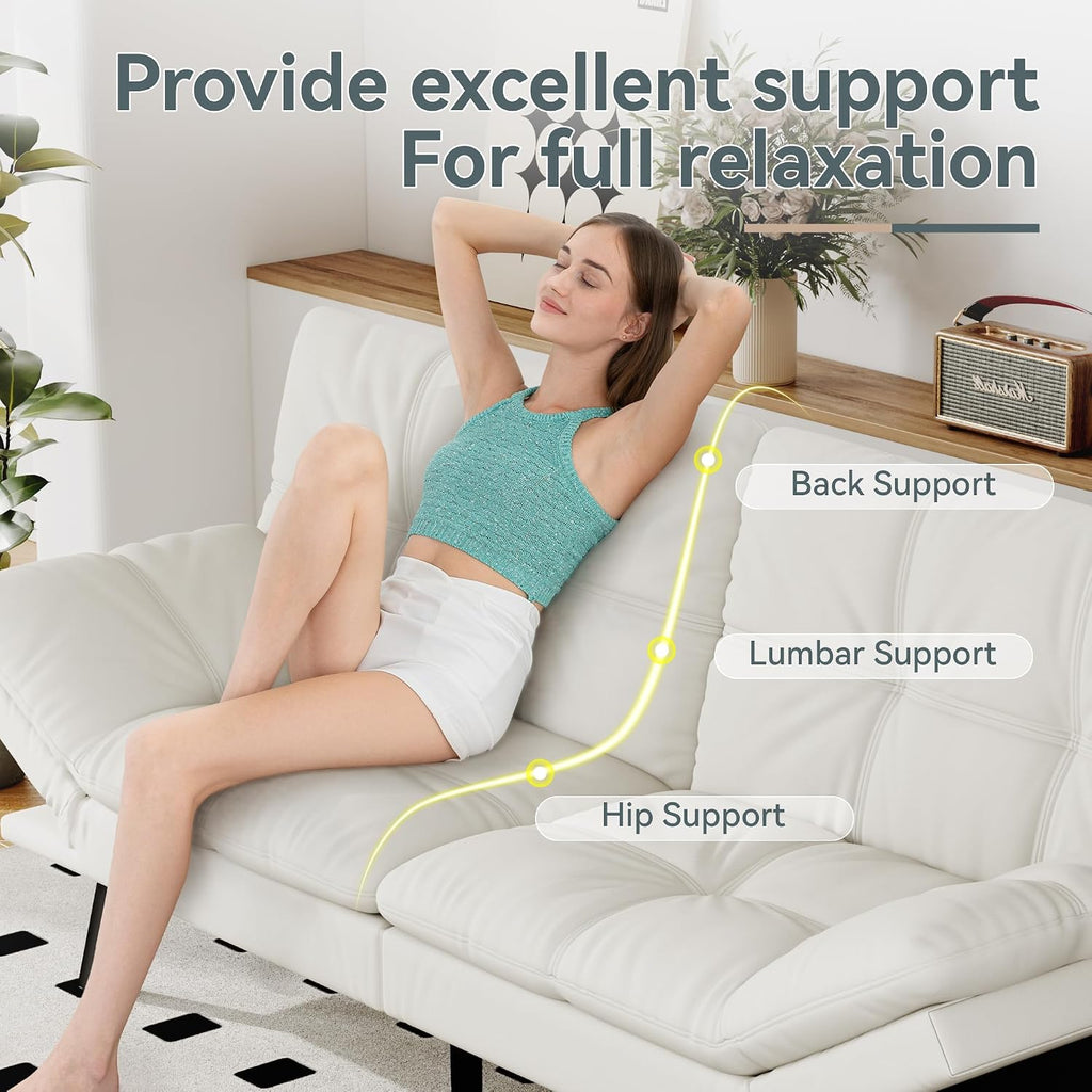Futon Sofa Bed Convertible Couch, White Faux Leather Sofa Bed with Memory Foam, Adjustable Backrest & Armrests, Multifunctional Small Loveseat Sleeper Sofa for Living Room, Apartment, Office