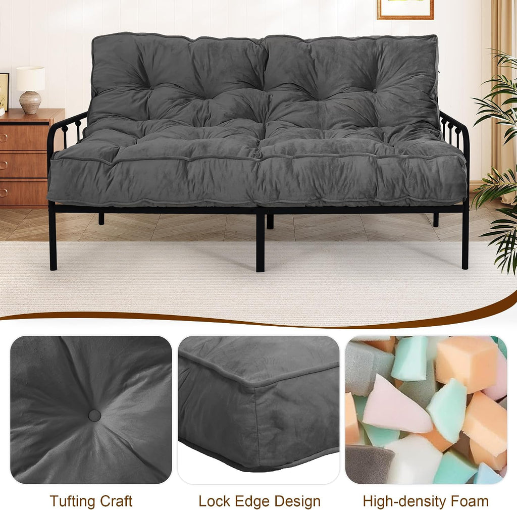 8' Futon Mattress Full Size 54' x 80', Thick Futon Sofa Couch Bed for Adults, Velvet Floor Futon Mattress Shredded Foam Filling, Tatami Sleeping Mat for Camping, Dorm, Dark Gray(Frame Not Included)